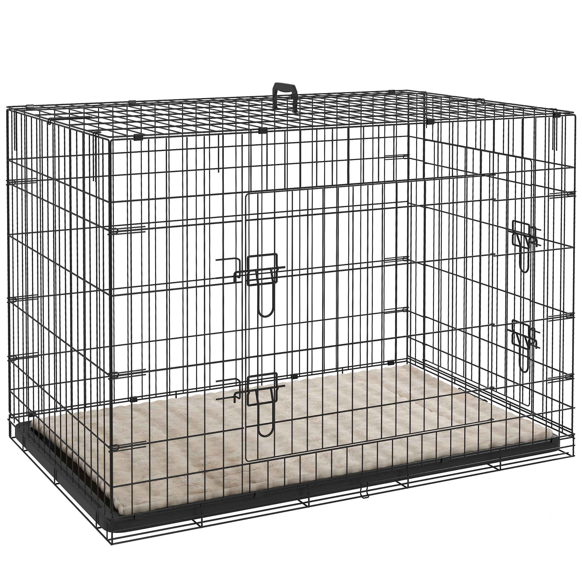 PawHut Hundekäfig klappbar Hundebox mit 2 Türen, Transportkäfig mit Bodenschale Kissen Hundetransportbox Drahtkäfig für große Hunde 106 x 71,5 x 76 cm Schwarz Aosom