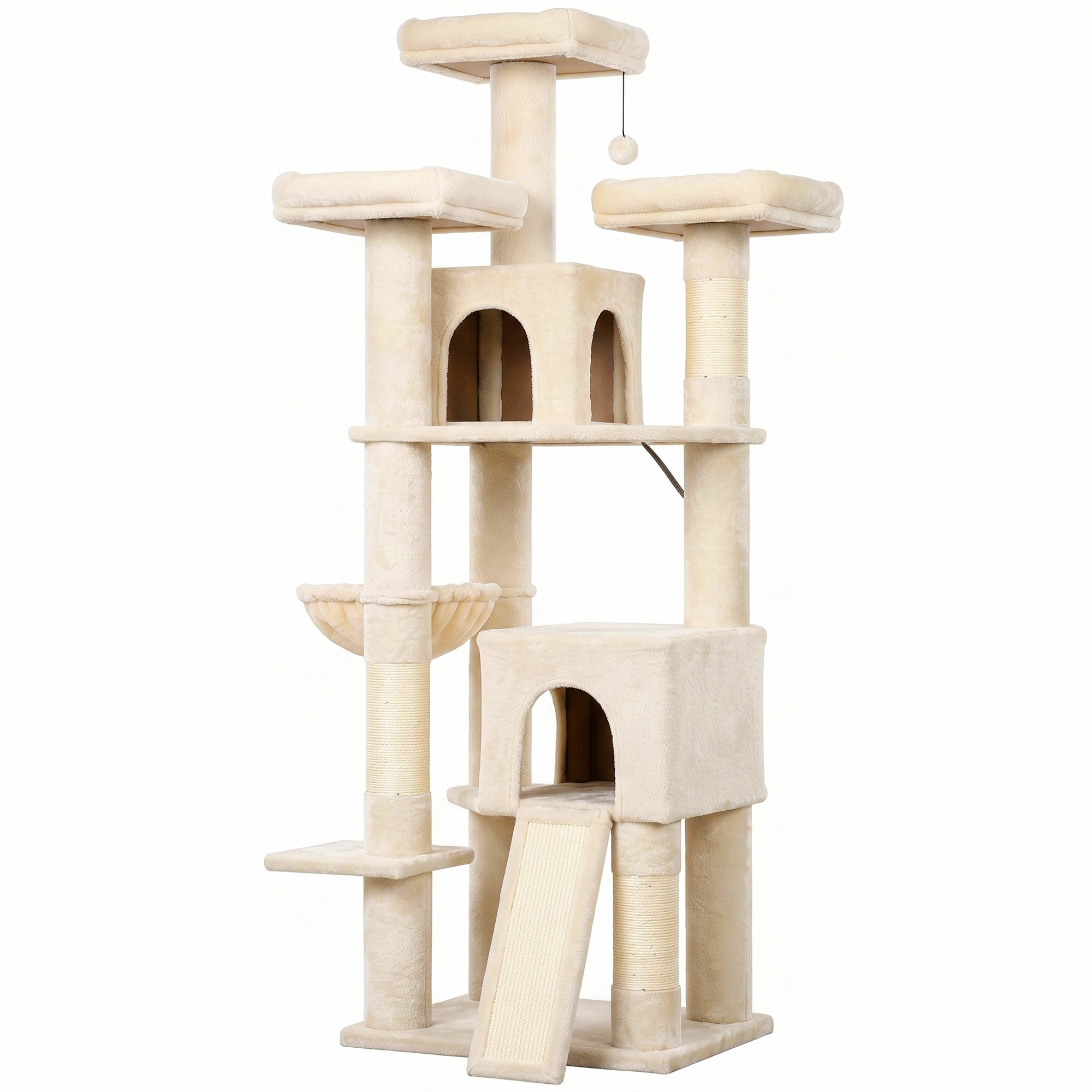 PawHut Kratzbaum Groß 184 cm hoch Katzenbaum mit 3 Dicke Kratzstämmen 2 Höhlen 3 Liegeflächen Spielball Hängematte Leiter, mehrstöckiger Katzenkratzbaum für 1-3 Katzen unter 6 kg Beige Aosom