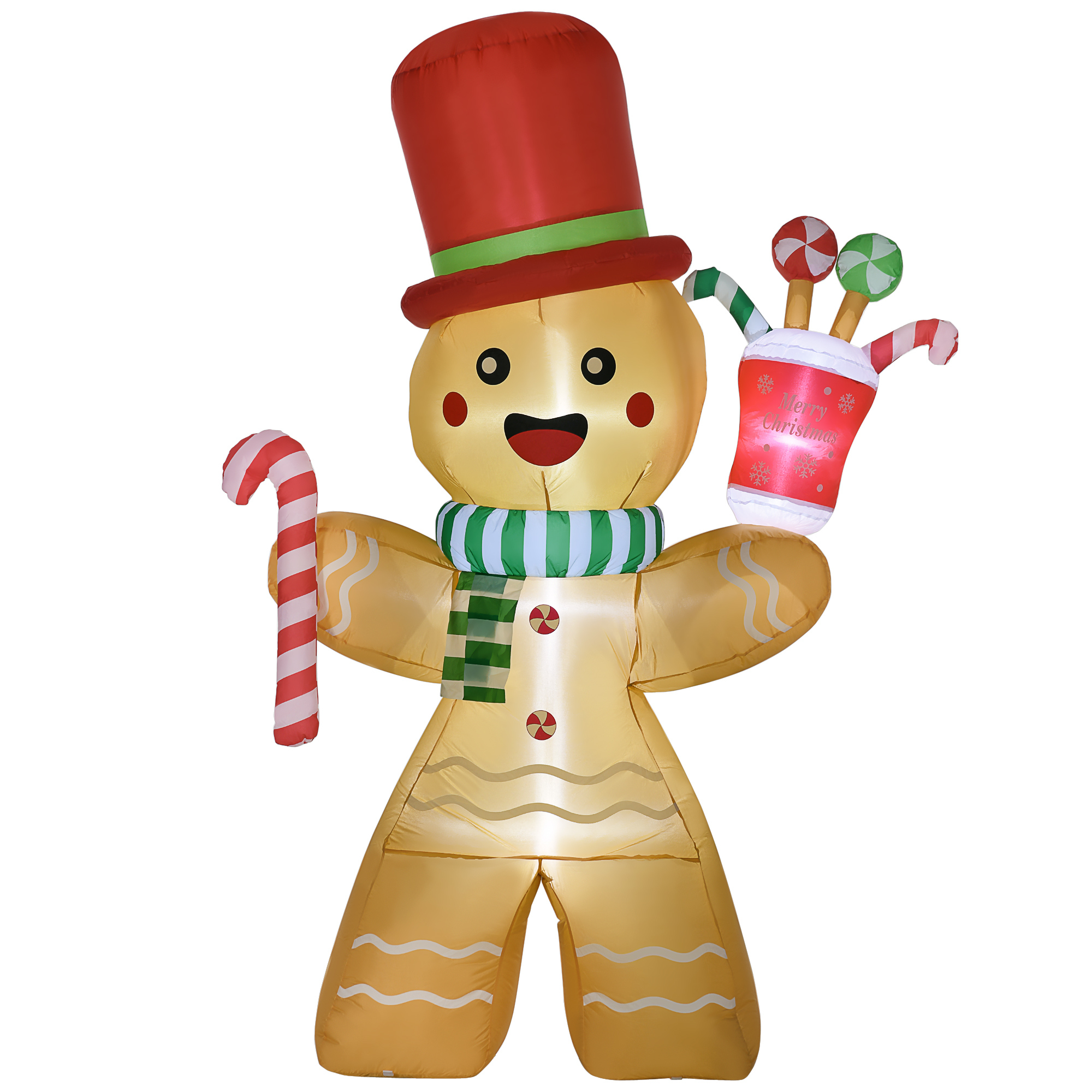 HOMCOM Weihnachts Aufblasbarer Lebkuchenmann 2,35 m Weihnachtsdekoration mit LED-Lichtern und Zuckerstange Weihnachten Gärten Dekoration automatisches Aufblasen Wassderdicht Polyester Orange   Aosom