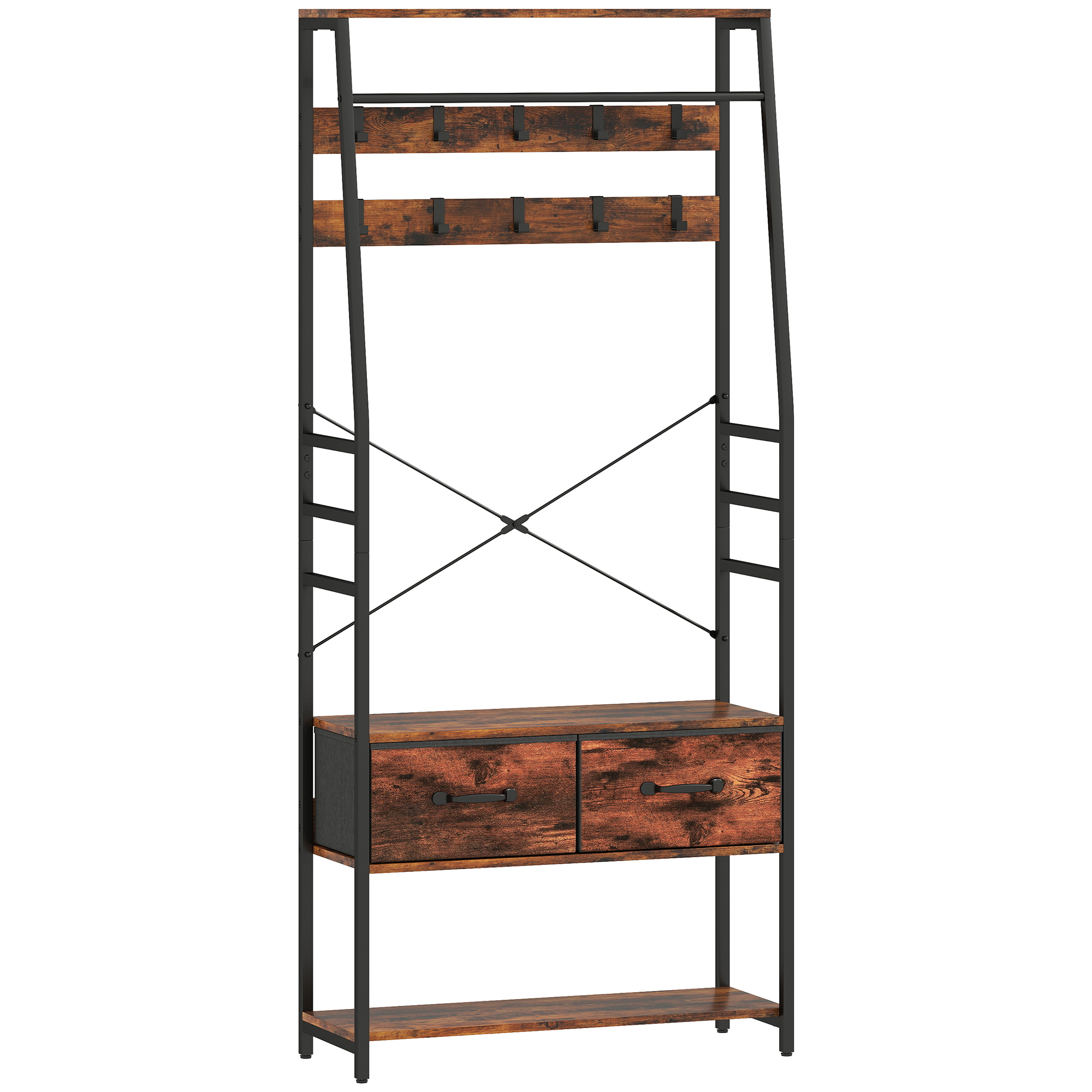 HOMCOM Garderobenständer, Kleiderständer mit 10 verstellbaren Haken, Schuhregal, Stoff-Schublade, Kleiderstange Industrie-Design für Flur, Schlafzimmer, Wohnzimmer, Rustikal-Braun, Höhe 180 cm   Aosom
