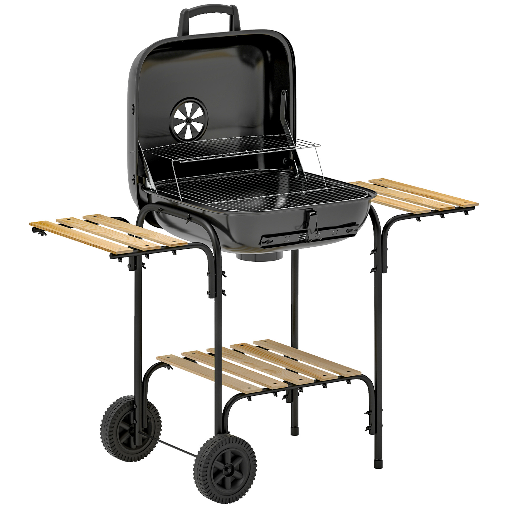 Outsunny Holzkohlegrill aus Stahl fahrbar Grillwagen mit abschließbarem Deckel Grillrost Räder Griff, Kohlegrillwagen mit Holzablage BBQ Smoker für Camping Garten 98 x 54 x 91 cm Schwarz Aosom