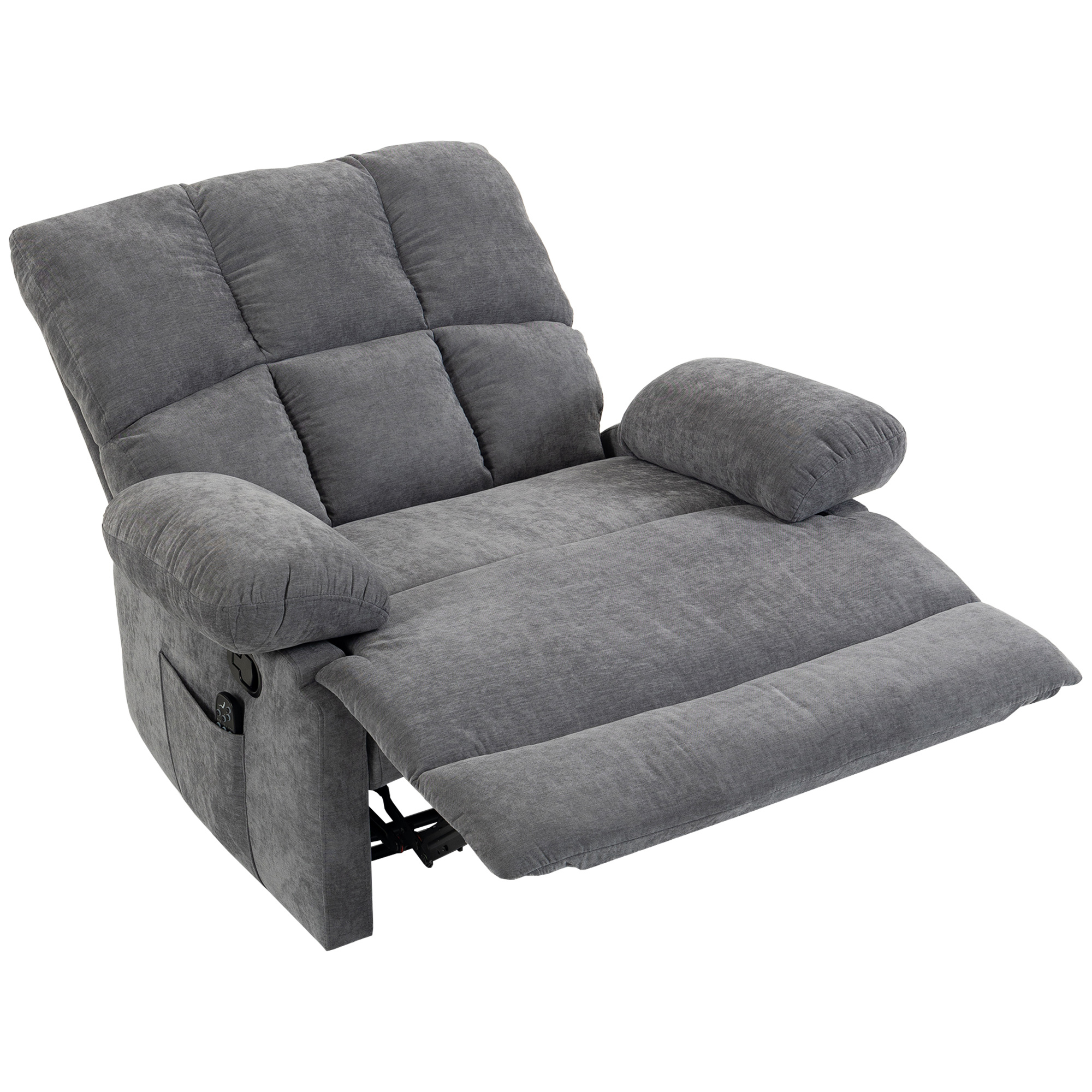 HOMCOM Relaxsessel Extra Breiter Fernsehsessel mit Wärme und Vibrationsmassage Massagesessel mit Liegefunktion, Tiefer Sitz, Chenille-Optik, Seitentasche, TV-Sessel bis 150kg, Grau Aosom