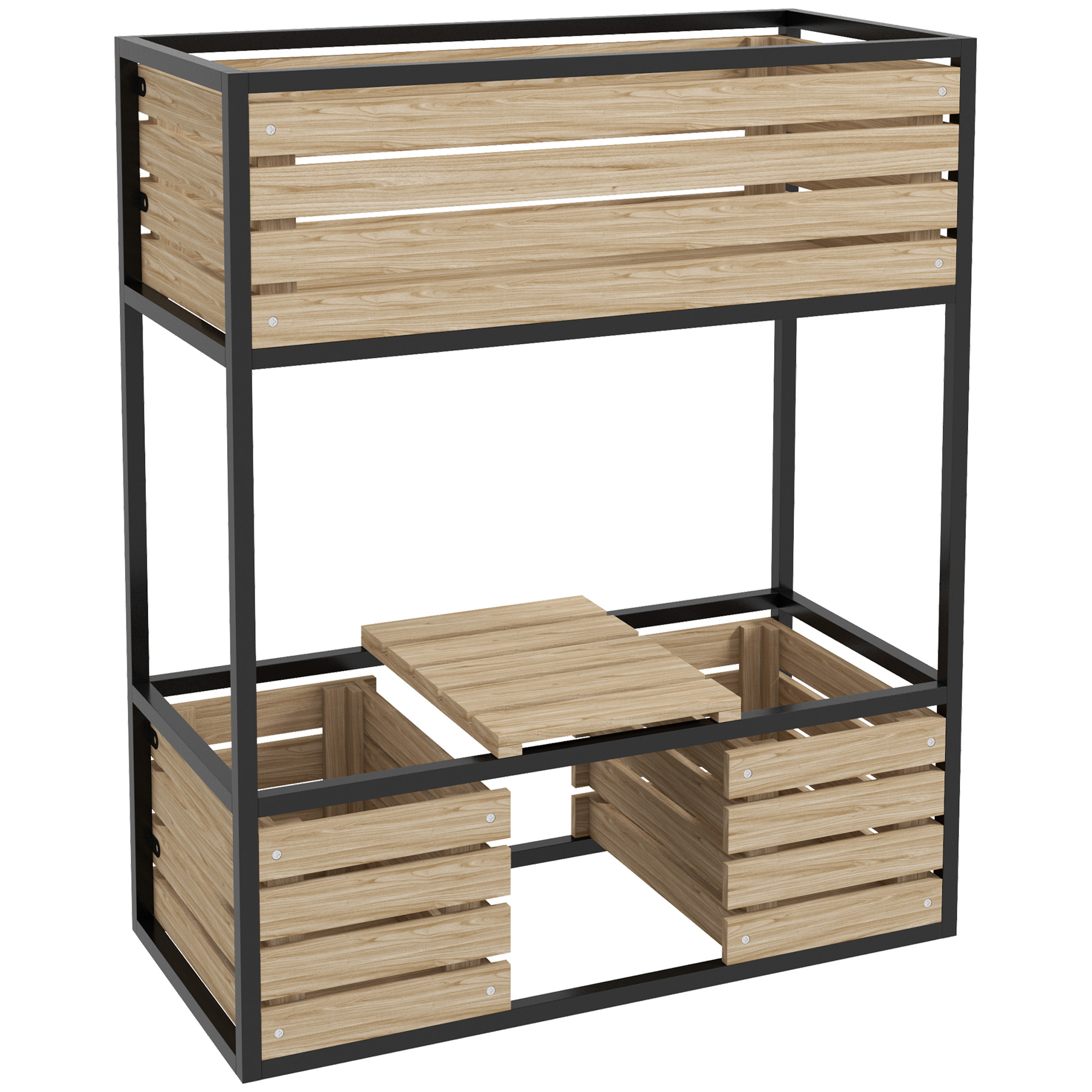 Outsunny Hochbeet aus Holz 2-stufiger Blumenkasten mit Ablage erhöhtes Gemüsebeet mit Innenvlies Kräuterbeet hellbraun 83 x 39 x 100 cm Aosom.de