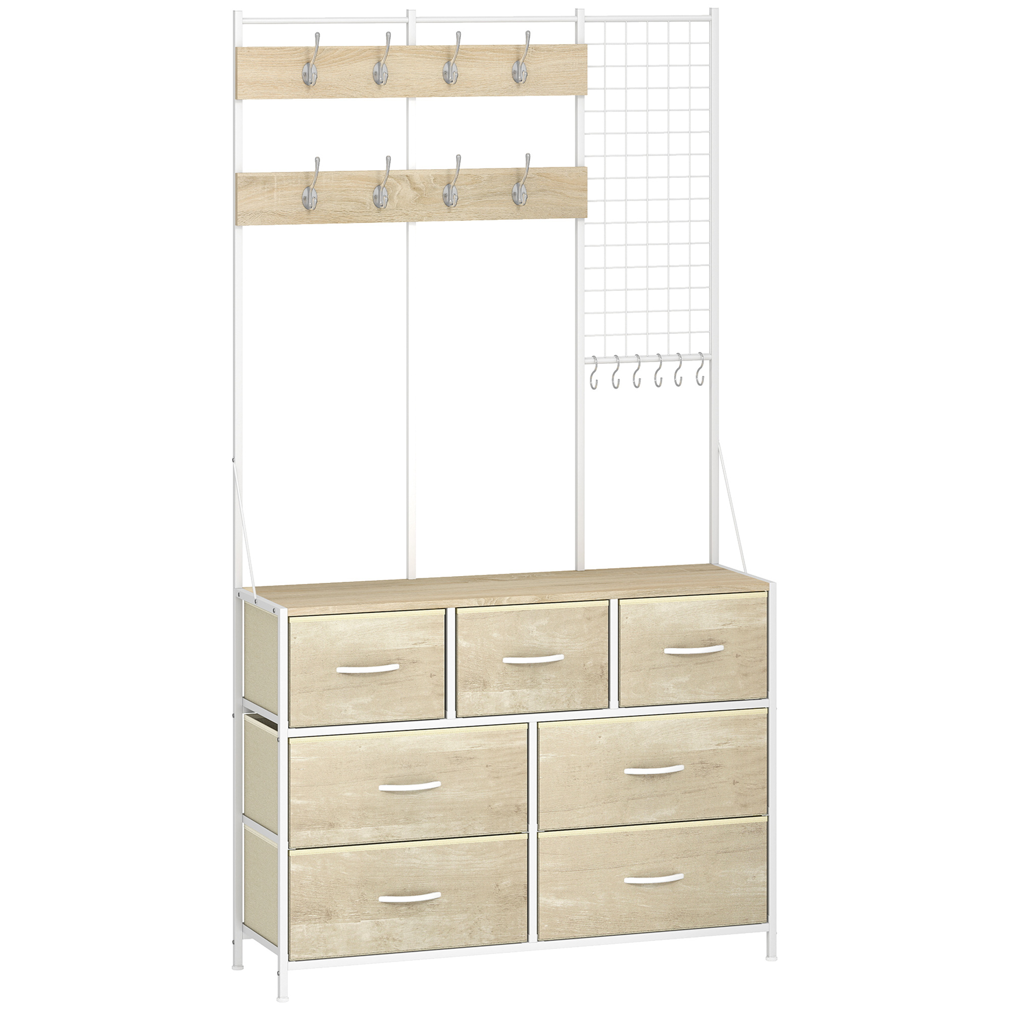 HOMCOM Garderobe 4-in-1, Flurmöbel mit 7 faltbaren Stoffschubladen, 14 Haken und Gitterpaneel, Industrielle Garderobe für Flur, Eingang, Schlafzimmer, Wohnzimmer, Eiche Aosom