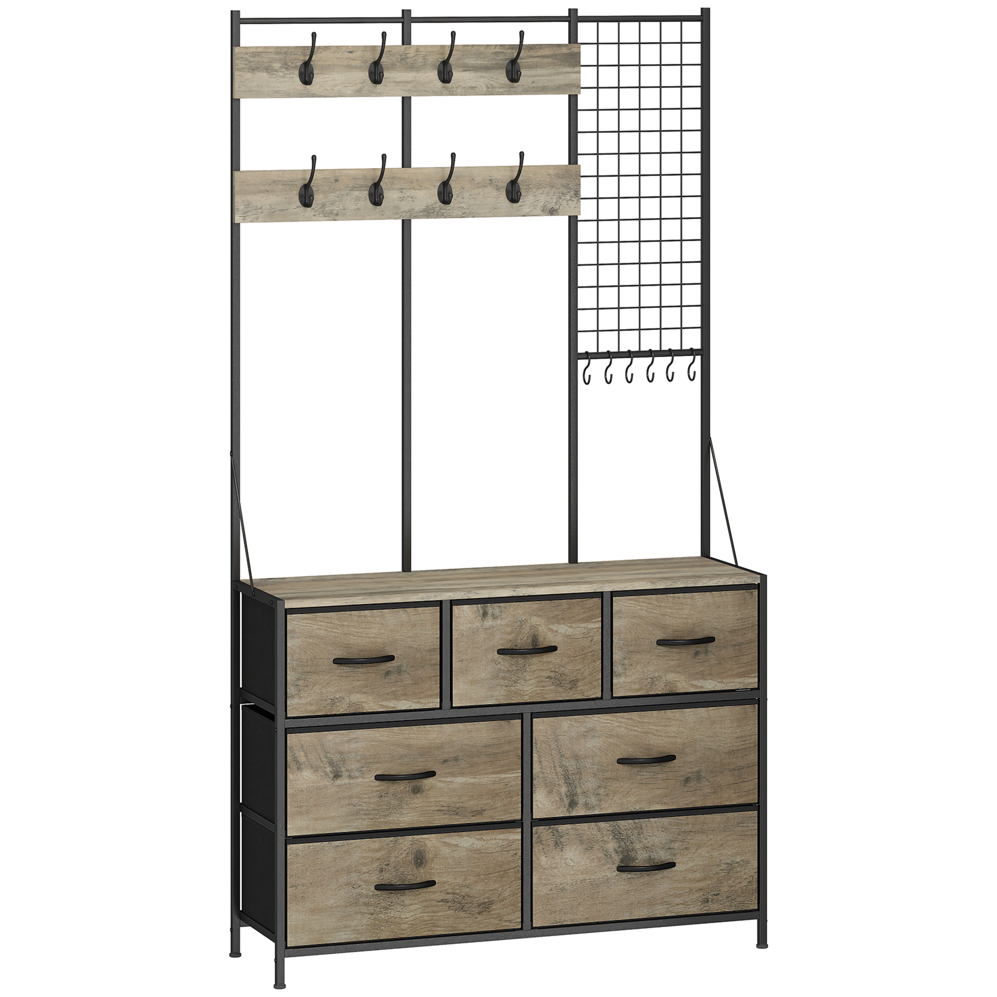 HOMCOM Garderobe 4-in-1, Garderobenmöbel mit 7 faltbaren Stoffschubladen, 14 Haken und Gitterpaneel, industrielle Garderobe für Flur, Eingang, Schlafzimmer, Wohnzimmer, Grau Holzoptik   Aosom