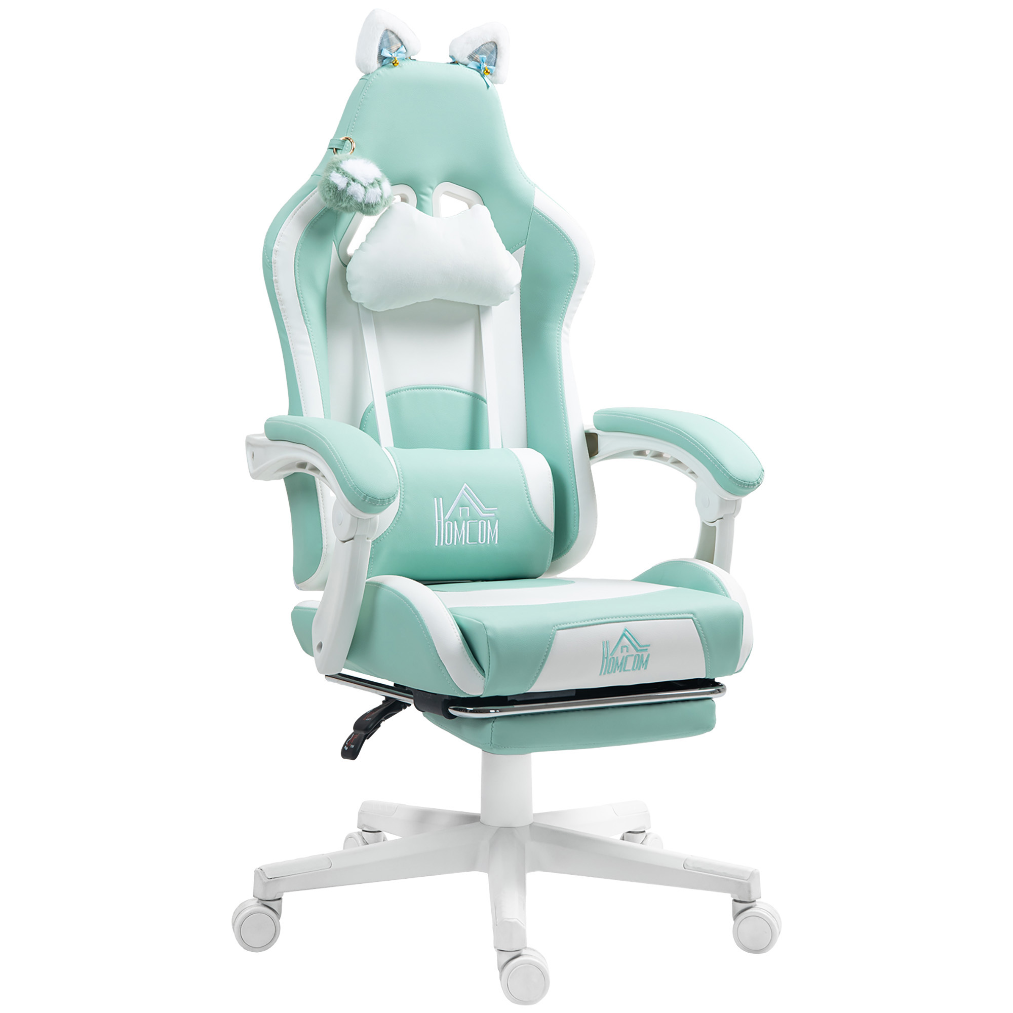 HOMCOM Gaming-Stuhl, Ergonomischer Gamer-Stuhl mit Lendenwirbelstütze, Fußstütze, Gaming-Sessel mit Katzenohren, Kopfkissen, höhenverstellbar Bürostuhl mit Liegefunktion, Kunstleder, Seeblau Aosom