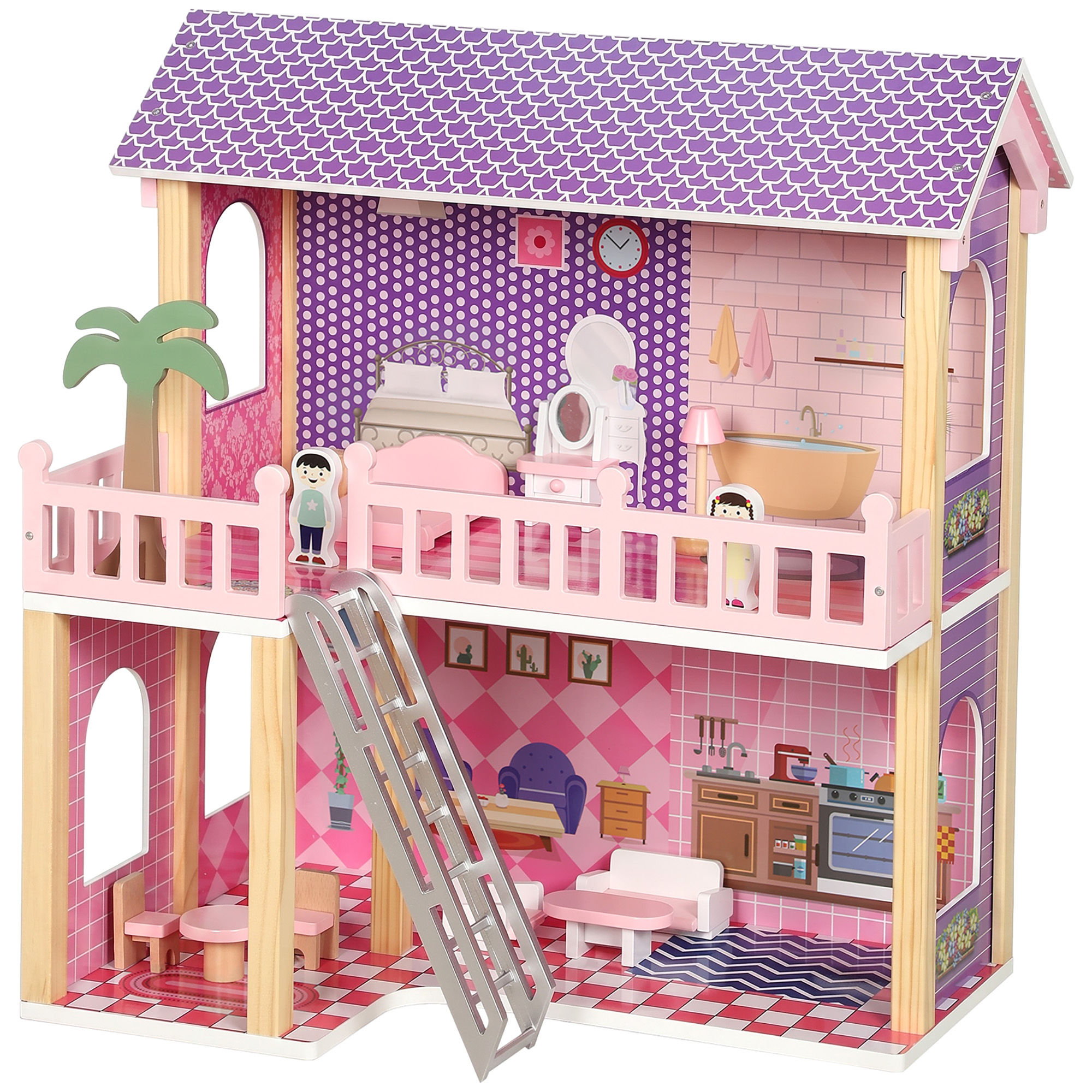 AIYAPLAY Puppenhaus 69 cm Hoch 2-stöckig mit 2 Puppen 11 Möbeln Leiter Balkon Große Doll House Spielhaus DIY-Spielset für Rollenspiele, Geschenk für Mädchen von 3-6 Jahren Rosa Aosom