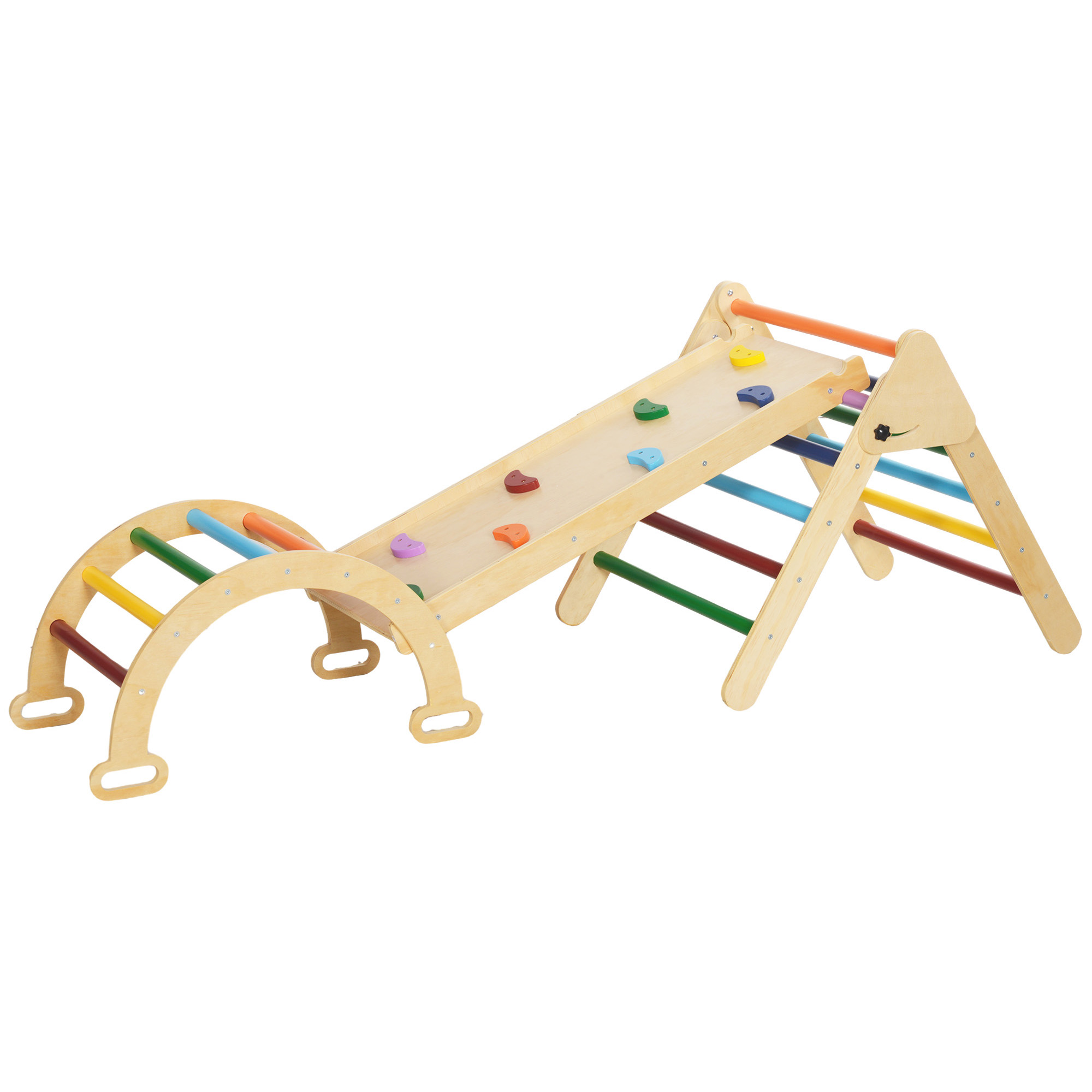 AIYAPLAY 5 in 1 Klettergerüst Set mit Rutsche, Kletterdreieck zum Rutschen und Klettern, Kletterspielzeug aus Holz, für Kinder 1,5-4 Jahre, Indoor, Mehrfarbig Aosom