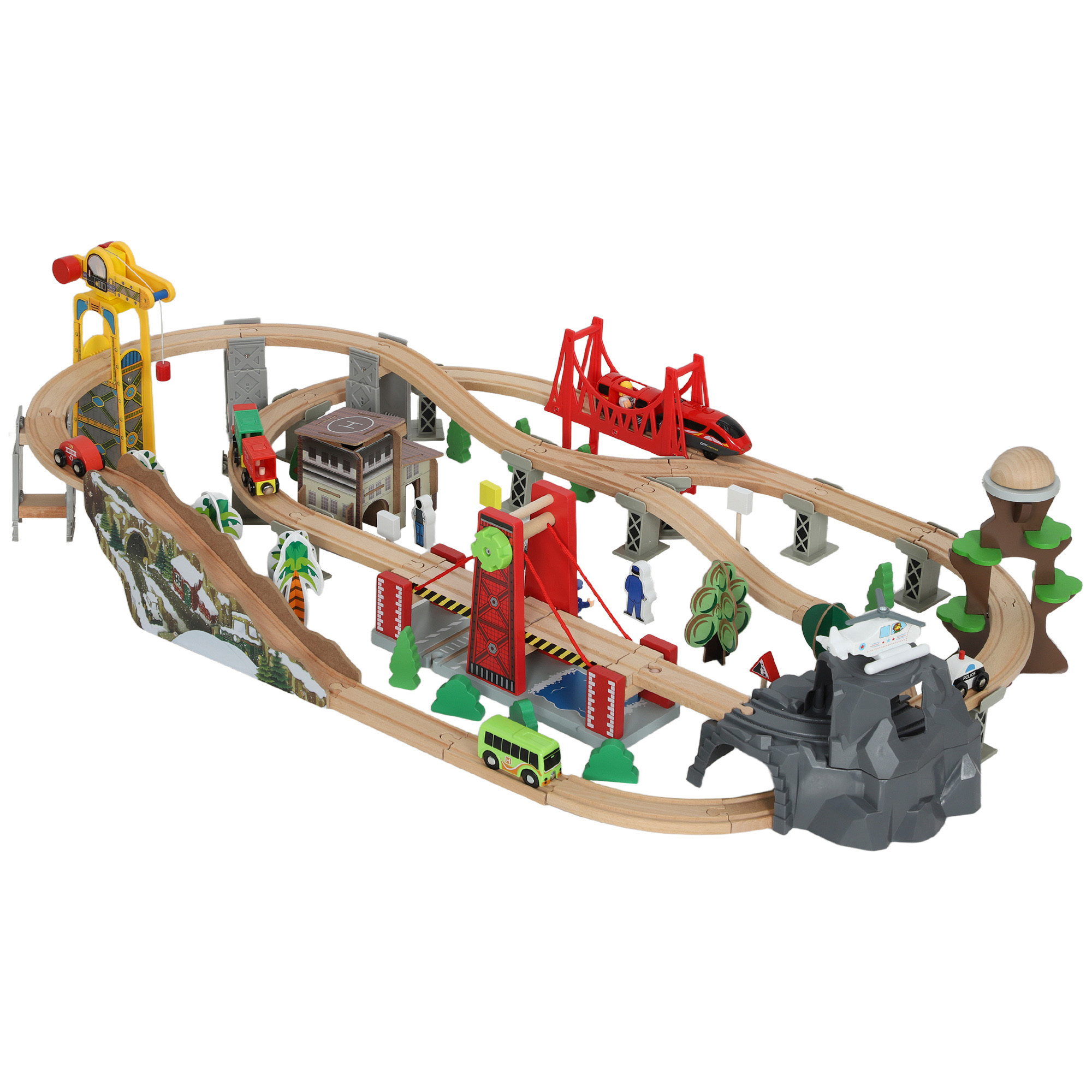 AIYAPLAY Holzeisenbahn Set 100 Stück Eisenbahn Set mit Elektrische Lok Zügen Grundplatte, Schienen Kran Brücke Zugspielzeug Holzzug für Kleinkinder ab 3 Jahren Spielzeug für Kinder Jungen und Mädchen Aosom