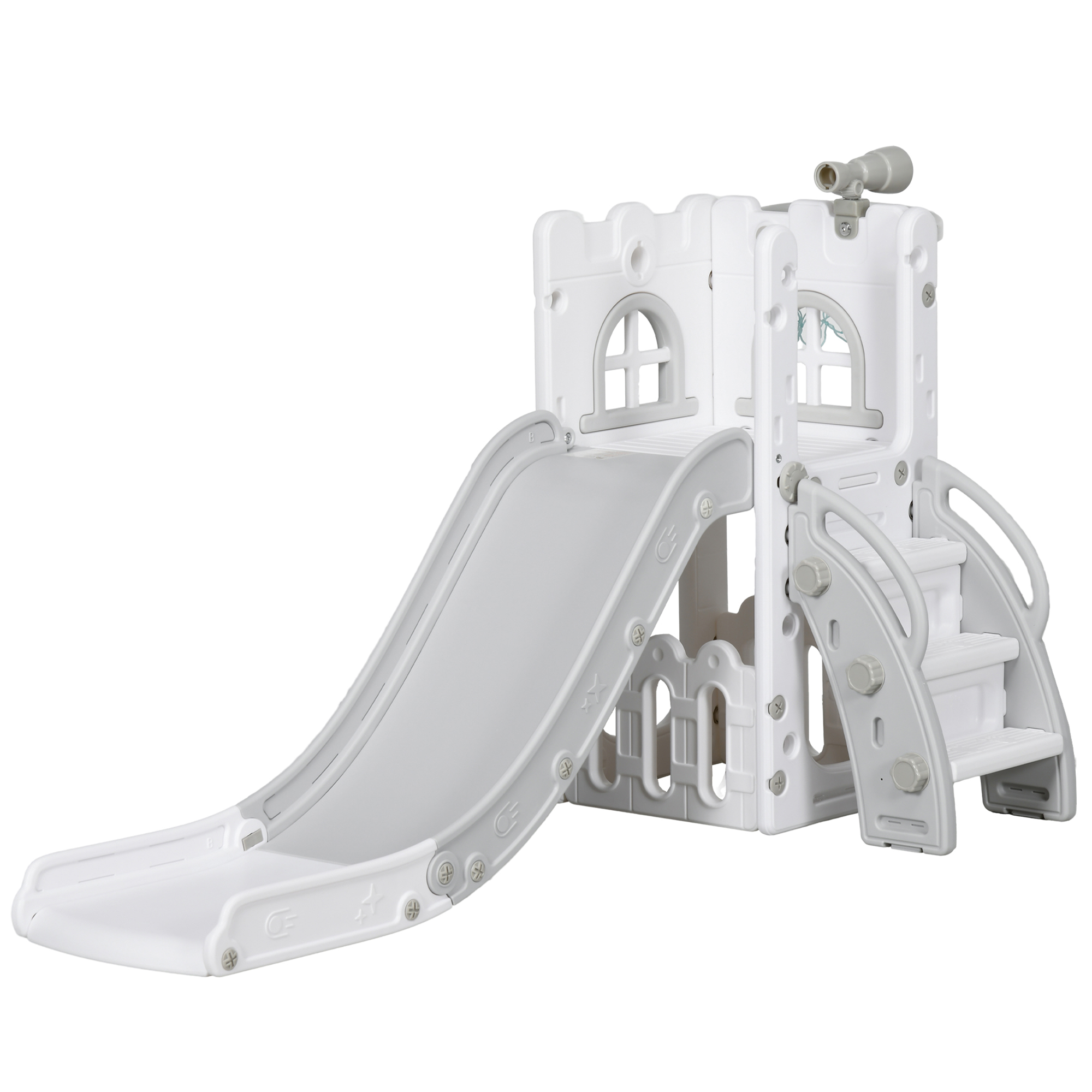 AIYAPLAY Kinderrutsche, 5 in 1, Kleinkinderrutsche mit Basketballkorb, Teleskop Klettergerüst, Aufbewahrungskorb Rutsche mit Basketball für Kinder 1-3 Jahre, Indoor, Grau 70 x 177 x 92 cm Aosom