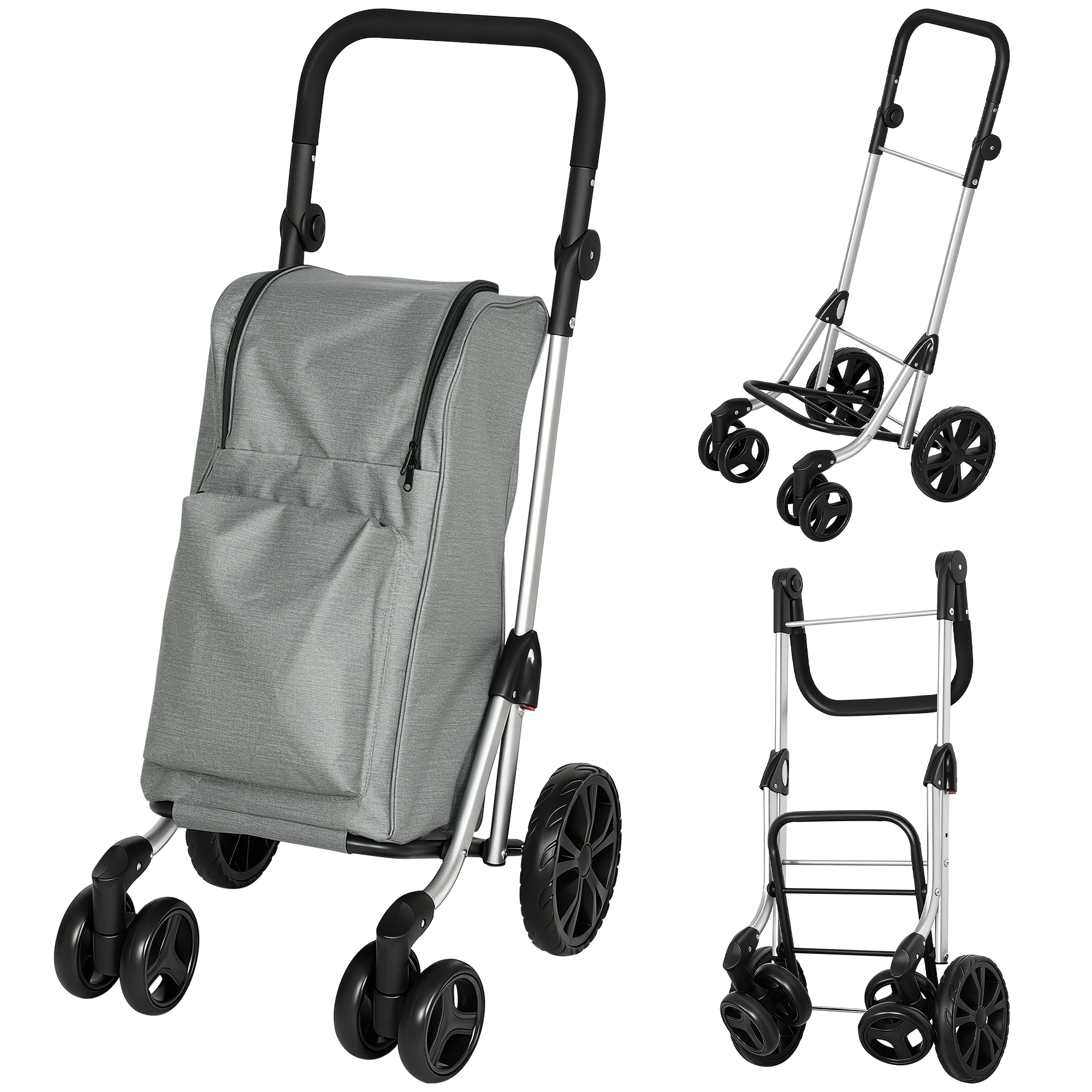 HOMCOM Einkaufstrolley klappbar Einkaufswagen mit Kühlfach, verstellbar Griff, 46L Kapazität, 3in1 Trolley, Sackkarre & Umhängetasche Einkaufsroller mit abnehmbarer Tasche, 6 Rädern Grau Aosom