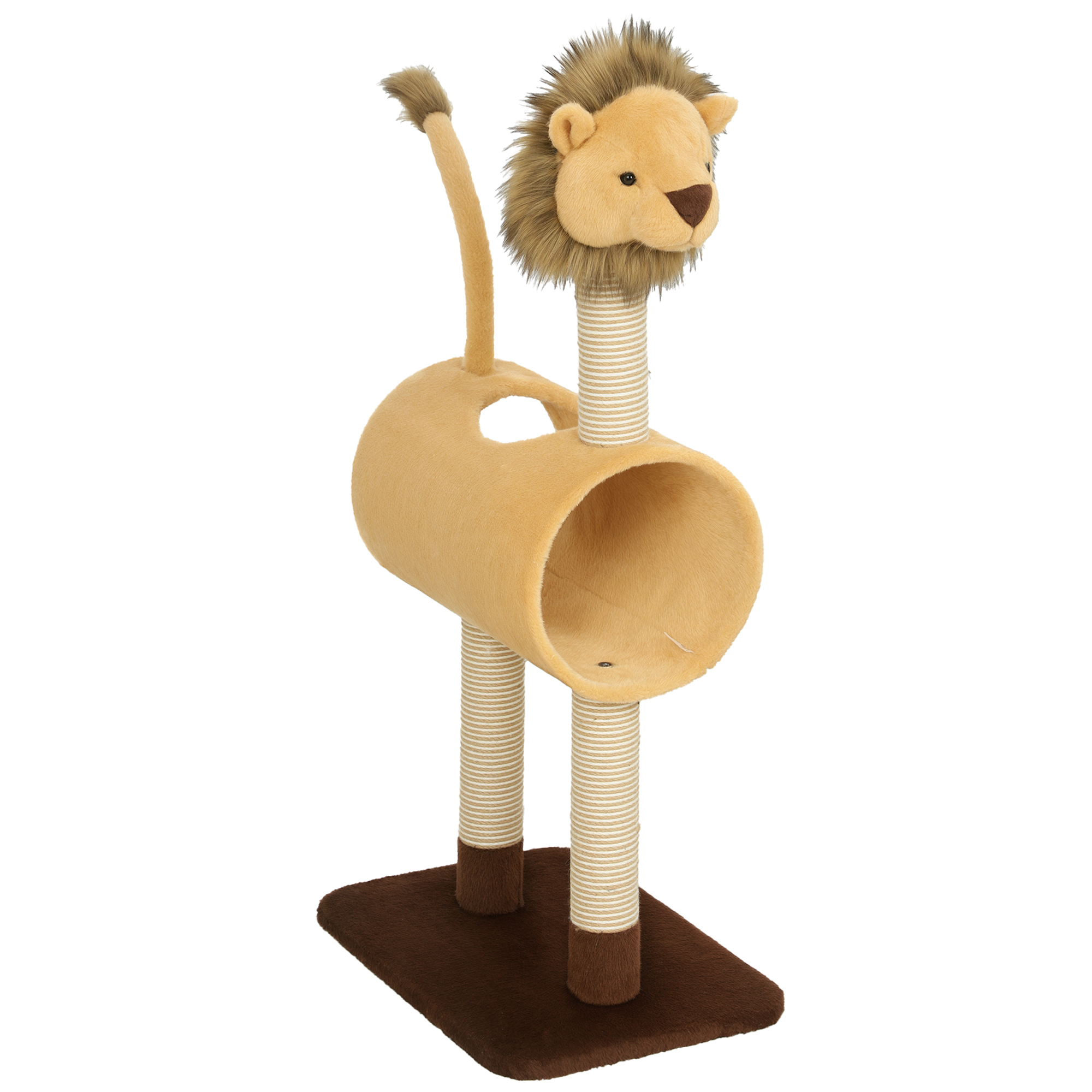 PawHut Kratzbaum 104 cm Katzenbaum mit Löwen-Design Kratzpfosten, Tunnel, hängendem Schwanz, Katzenturm Katzenkratzbaum, Kletterbaum für Katzen bis 7 kg, Hellbraun   Aosom