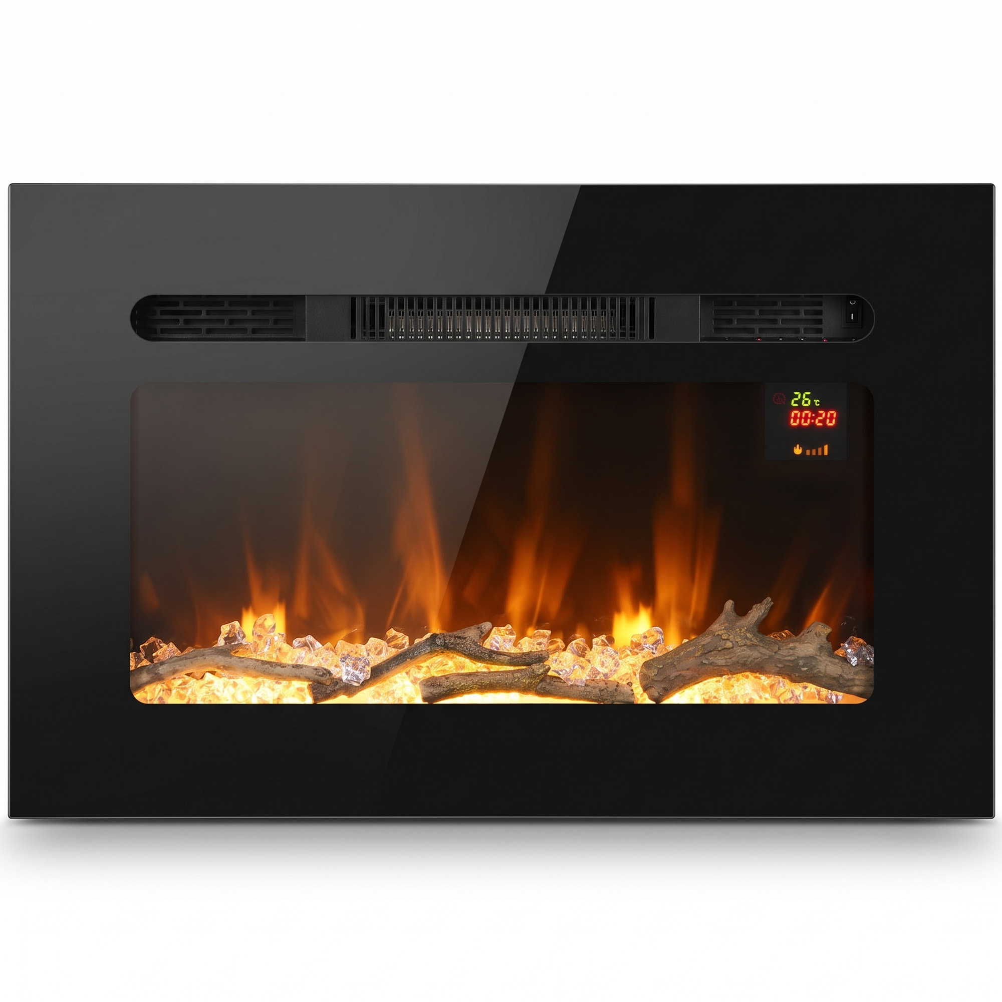 HOMCOM Elektro-Kamin für Wand/Einbau 66 cm 1800W, 3D-Flamme in 3 Farben, 5 Helligkeitsstufen, Scheite & Kristalle, Elektrischer Kamin mit Fernbedienung, Touchscreen, Timer, Thermostat, 40m² Schwarz Aosom