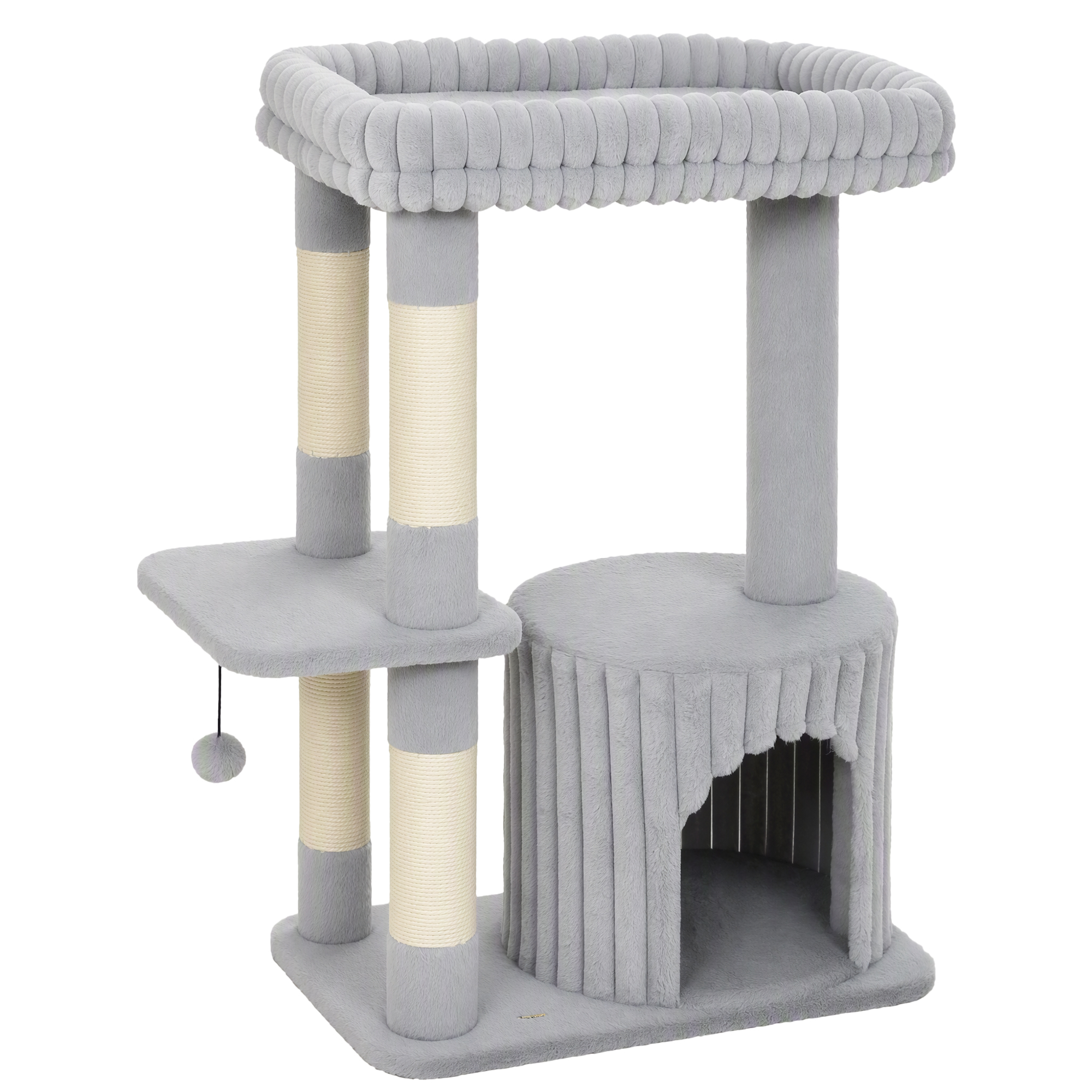 PawHut Katzenbaum, 93 cm 3-stufiger Kratzbaum mit Sisal-Kratzstämmen, Kuschelhöhle, großer Liegefläche, Plattform, zum Spielen und Ausruhen, für Katzen bis 6 kg, Grau Aosom