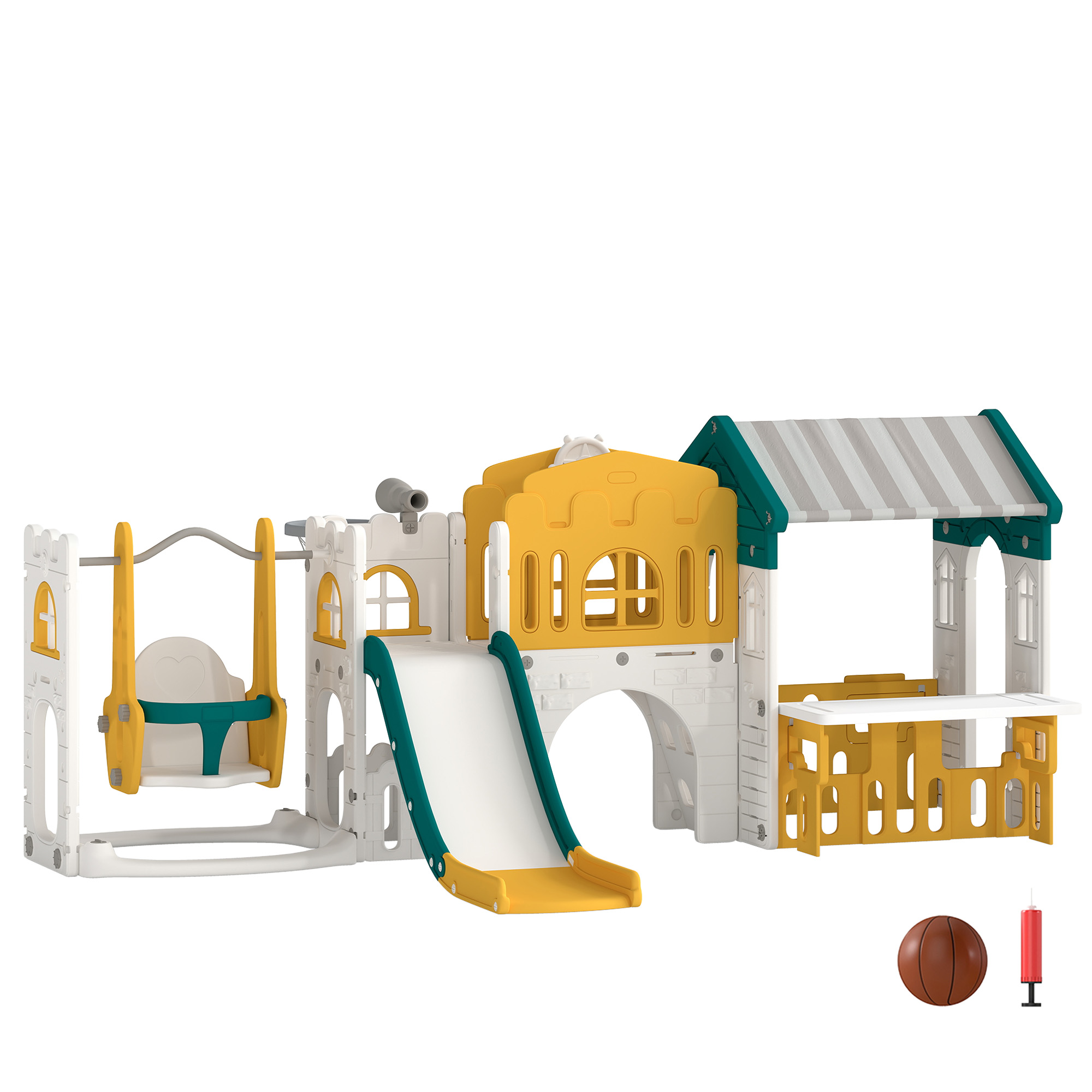 AIYAPLAY 11 in 1 Kinderrutsche mit Schaukel Spielhaus Gartenrutsche mit Tunnel Basketballkorb Fernrohr Lenkrad Maltafel Klettergerüst 5PCS Moduls Indoor & Outdoor Kinder Spielplatz für 1–4 Jahre Gelb Aosom