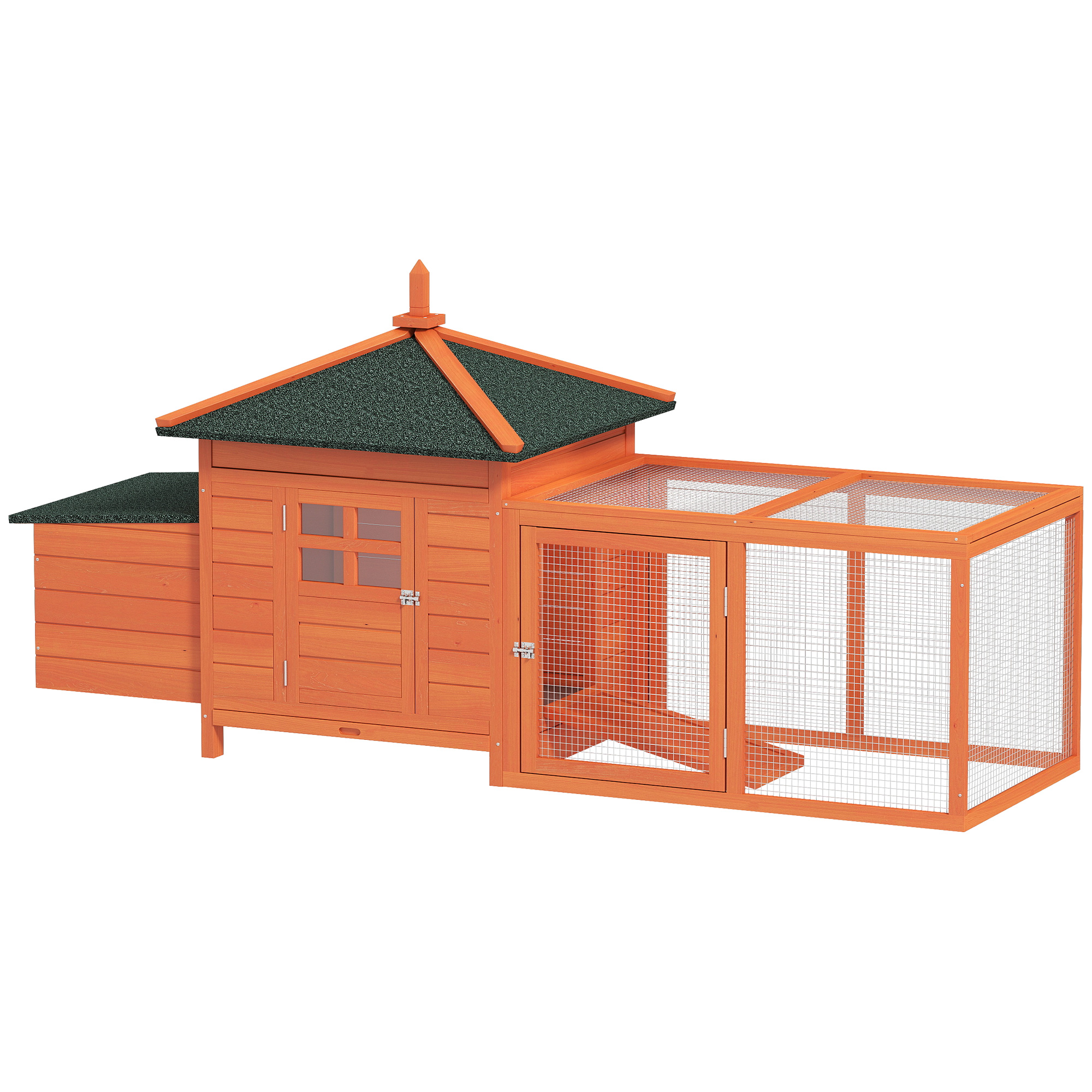 PawHut Hühnerstall Holz Hühnerhaus für 1-2 Hühner 196 x 76 x 97 cm Hühnervoliere mit Auslauf Nistkasten 3 Türen Winterfest Hühnergehege mit Auszugsschublade Fenster Rampe Vogelvoliere Geflügelstall Aosom