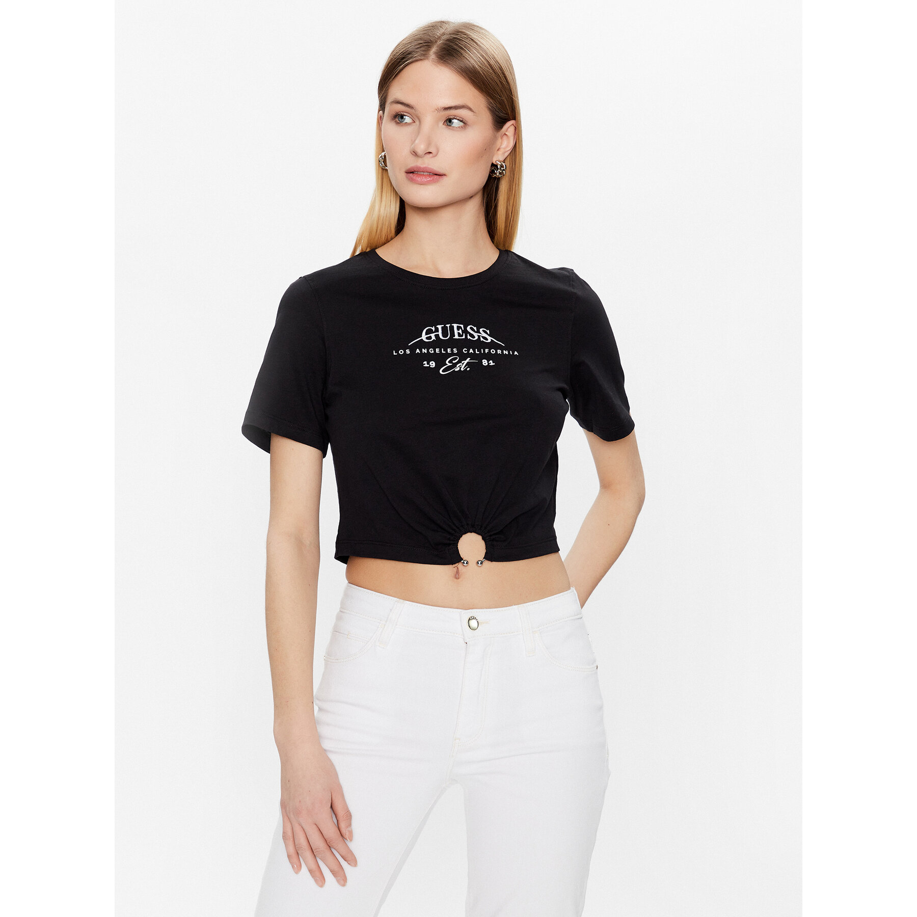 Guess T-Shirt Piercing W3GI23 JA914 Schwarz Boxy Fit
