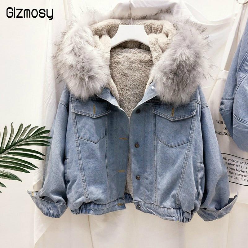 Große Faux Pelz Kragen Denim Jacke Frauen Winter Mit Kapuze Warme Jean Jacke Studenten Grundlegende Kurze Parkas Weibliche Bomber Mantel M graue