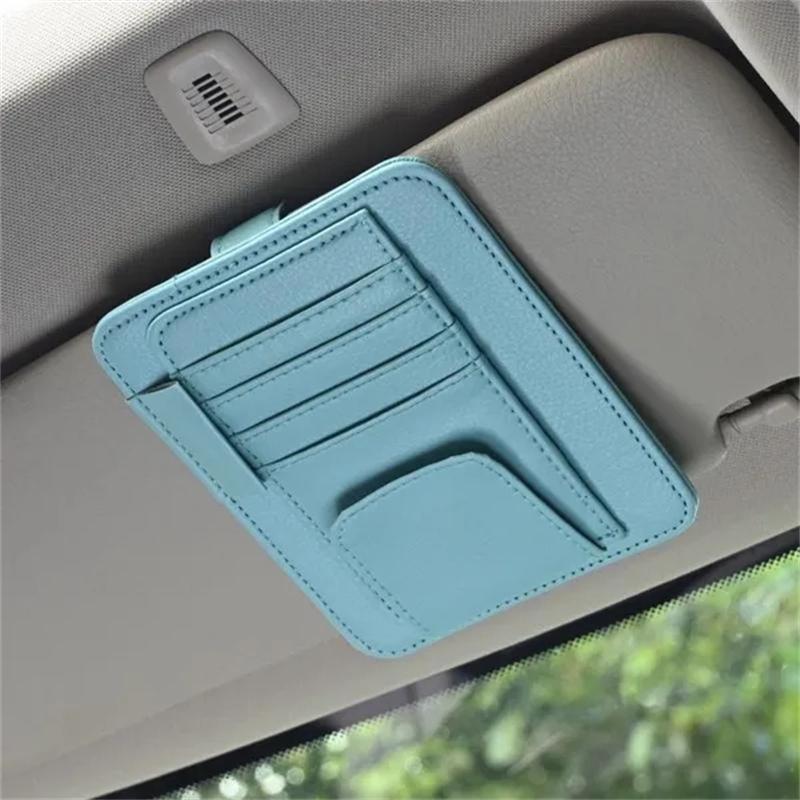 1 Stück im Auto Brillen-Multi-Taschen-Clip-Halter Aufbewahrungskarte PU-Leder Holde Taschen Sonnenschirm Tasche Autos Aufbewahrung 12.5*15.5cm blau