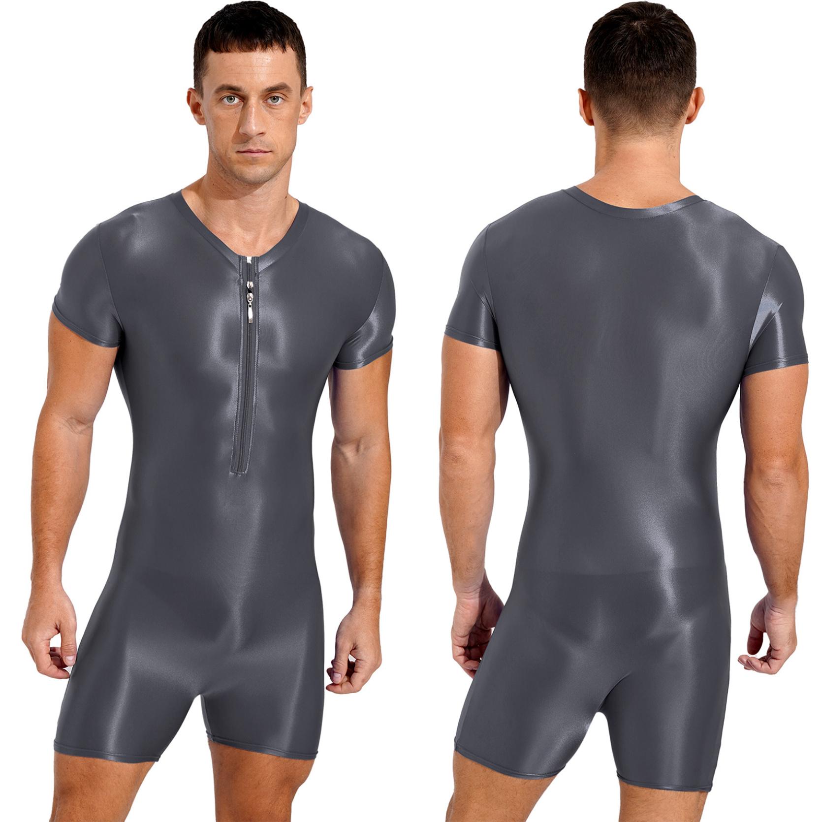Herren-Badeanzug, kurzärmelig, Reißverschluss, Overall, glänzend, dehnbar, Rundhalsausschnitt, Sport-Fitness-Badeanzug XL dunkelgrau