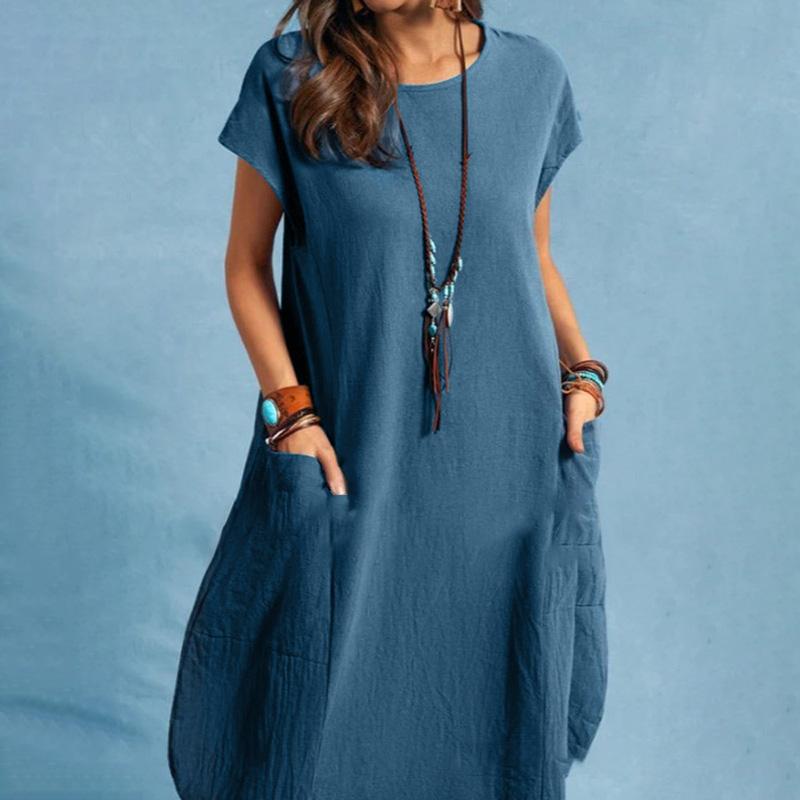 ZANZEA Damen-Kleid mit O-Ausschnitt und kurzen Ärmeln, einfarbig, lockeres Sommer-beiläufiges kurzes Kleid S blau