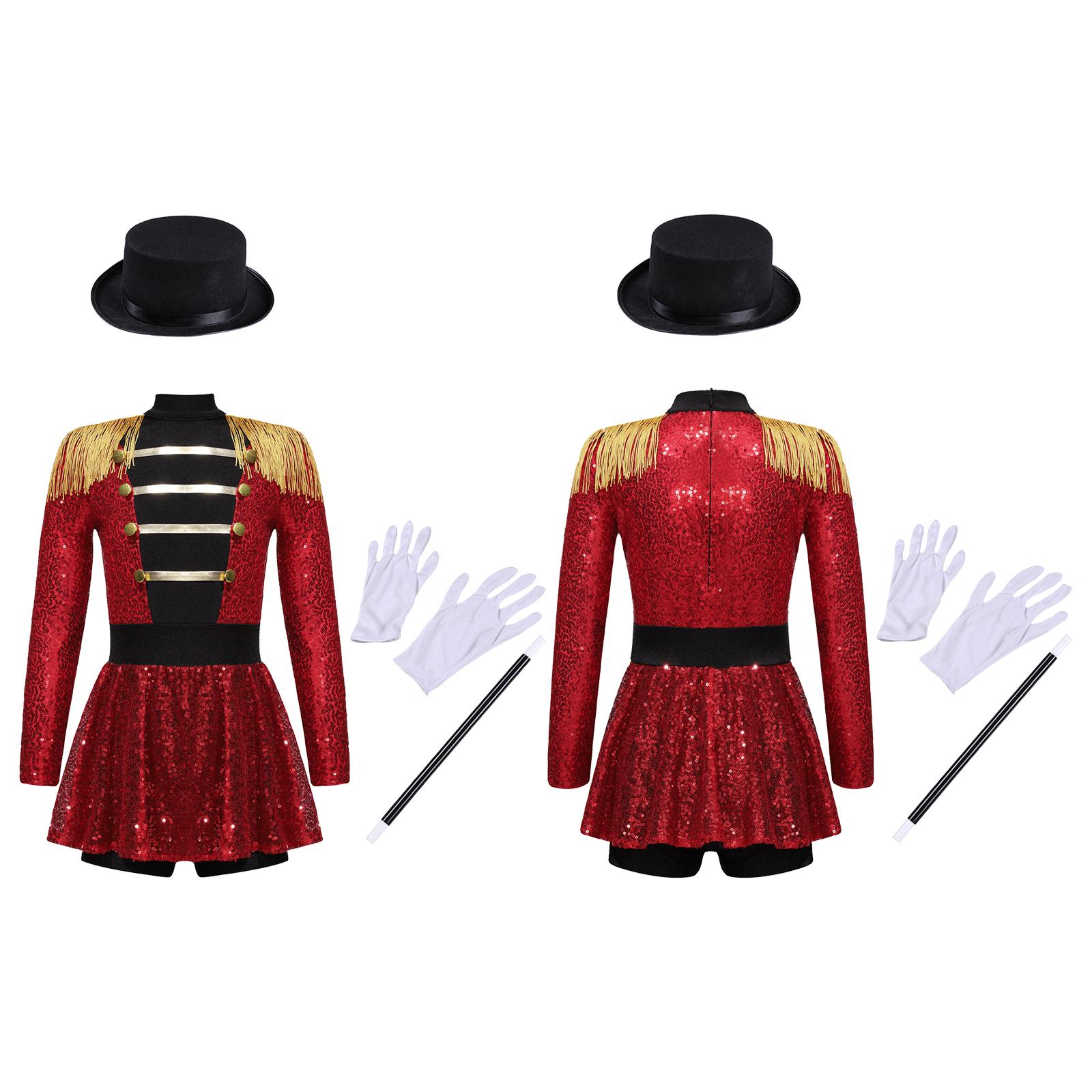 Kinder Mädchen Zirkus Dompteurin Zauberer Kostüm Langarm Body Karneval Themenparty Jumpsuit 5-6 Years rot