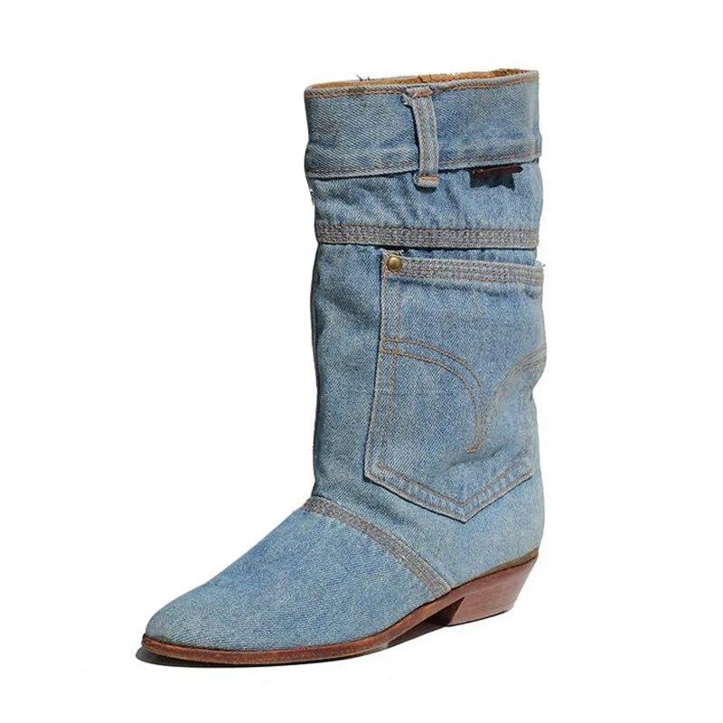 Lässige Stiefel mit niedrigem Absatz, Damenjeans, Leder, modisch, neueste Stiefel mit mittlerer Wade, Damenschuhe, spitze Zehen, Cowboy, große Größe 43