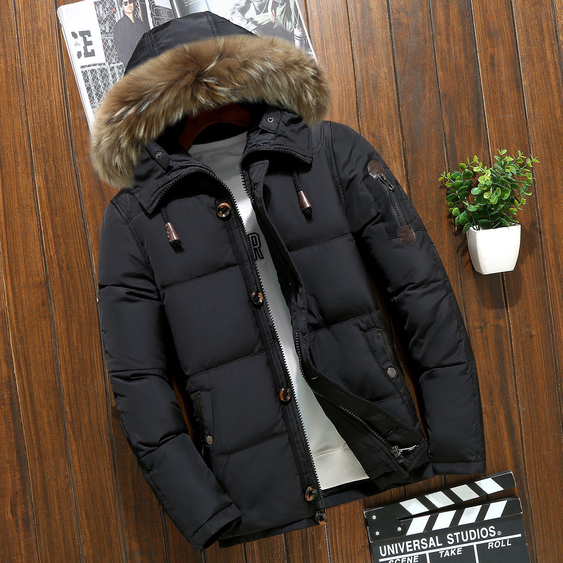 Winter Unten Mantel männer Taste Zipper Design Pelz Kragen Mit Kapuze Unten Jacke Dicke Warme Weiße Ente Unten Mantel Parka marke Männer Kleidung M schwarz