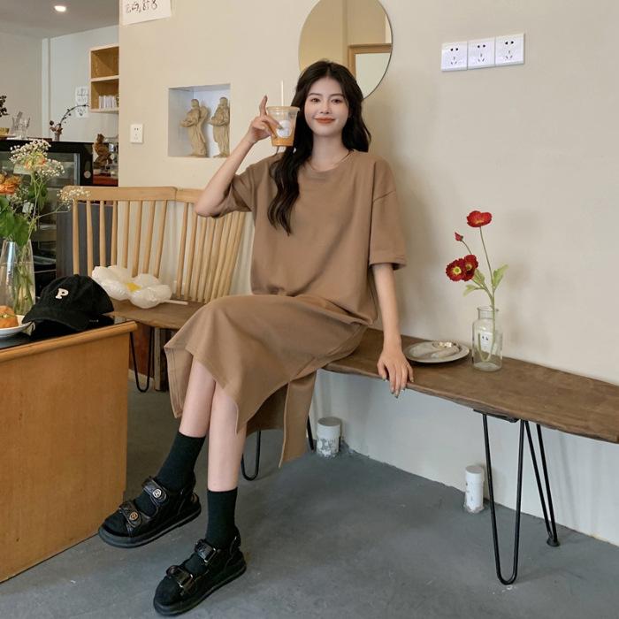 Übergröße Kurzarm Freizeitkleid Damen Sommer Locker Einfarbig Mittellang Knielang Geschlitzt T-Shirt Kleider L kaffeebraun