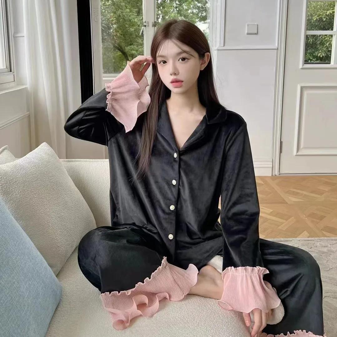 Samt Pyjama Rüschen Pyjama Damen Herbst Winter Pyjama Oberteil und Hose 2-teiliges Pyjama-Set Samt Leopardenmuster Loungewear XL schwarz