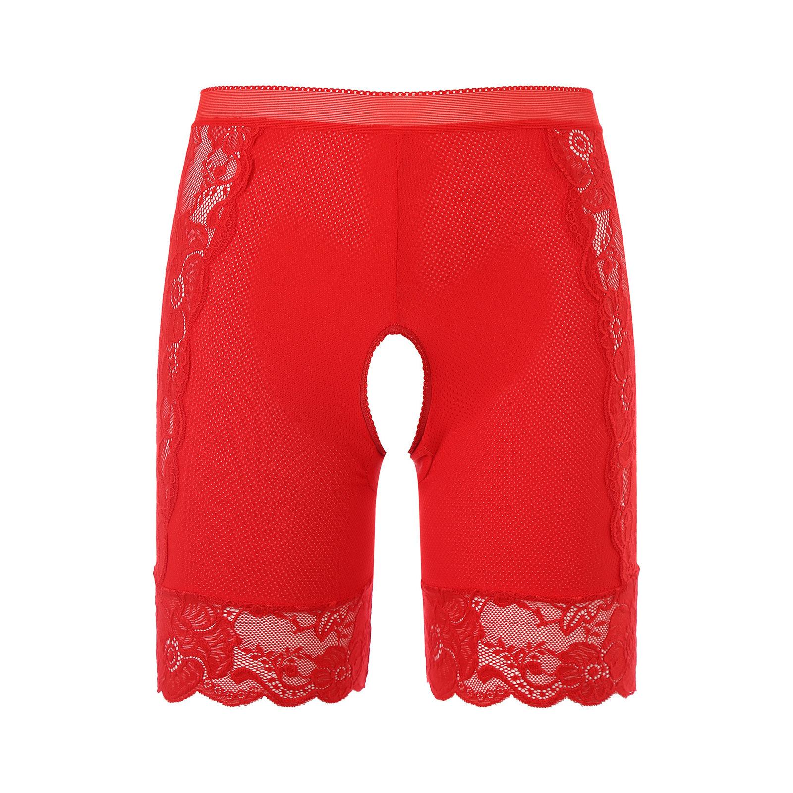 Damen Spitzen Schrittlose Boyshorts Hohe Taille Slips Freches Design Sicherheits-Shorts Slips Clubwear Dating Unterwäsche XXL rot
