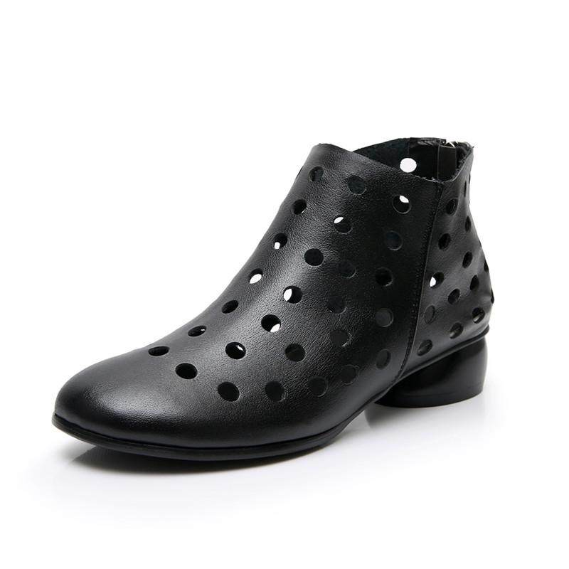 Kurzstiefel Damen Echtleder Sandalen Dicke Absätze Aushöhlungen Damenschuhe 2025 Neu Frühling Sommer Rindsleder Damenschuhe 34-43 36 schwarz