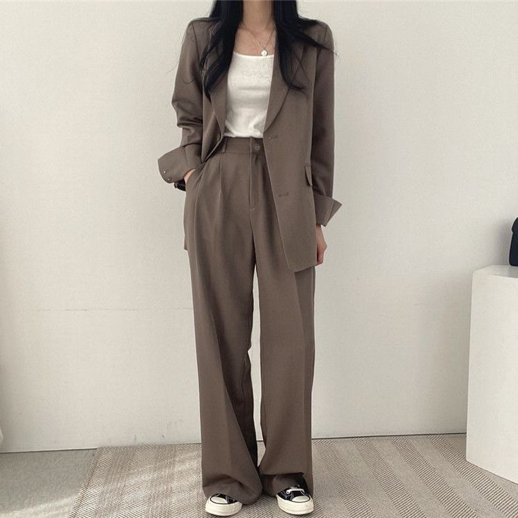 Frühling Herbst Koreanischer Stil Blazer Hosen Anzug High-End Mode Altersreduzierend Mittellang Kleine Größe Blazer Zweiteiliges Set XL kamelfarben