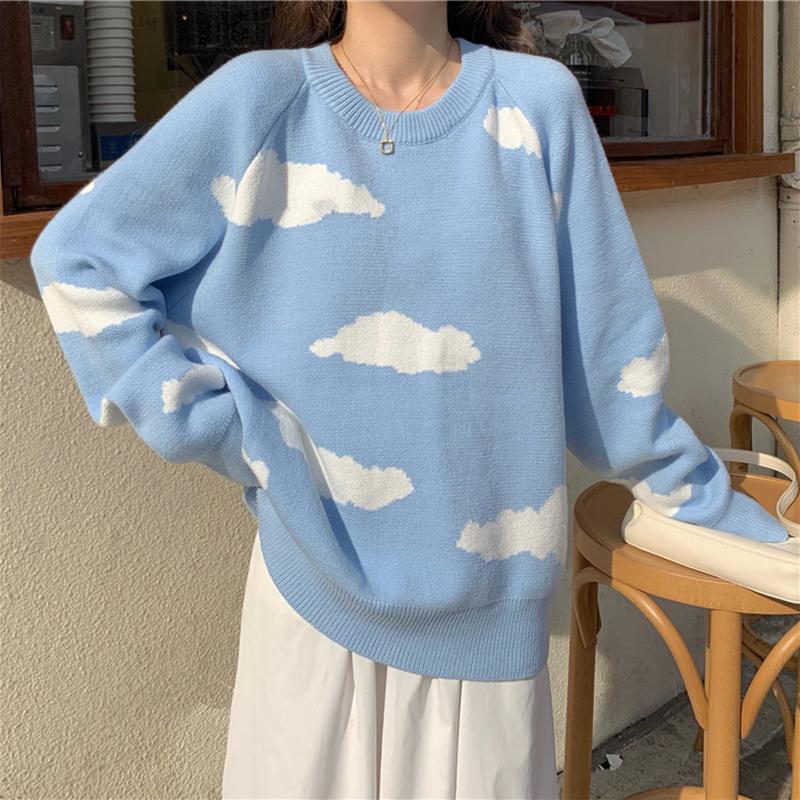 Hirsionsan Übergroßen Gestrickte Nette Oansatz Druck Pullover Pullover Weibliche Casual Lose Langarm Pullover Frauen 2021 Neue Sanfte Jumper one size blau