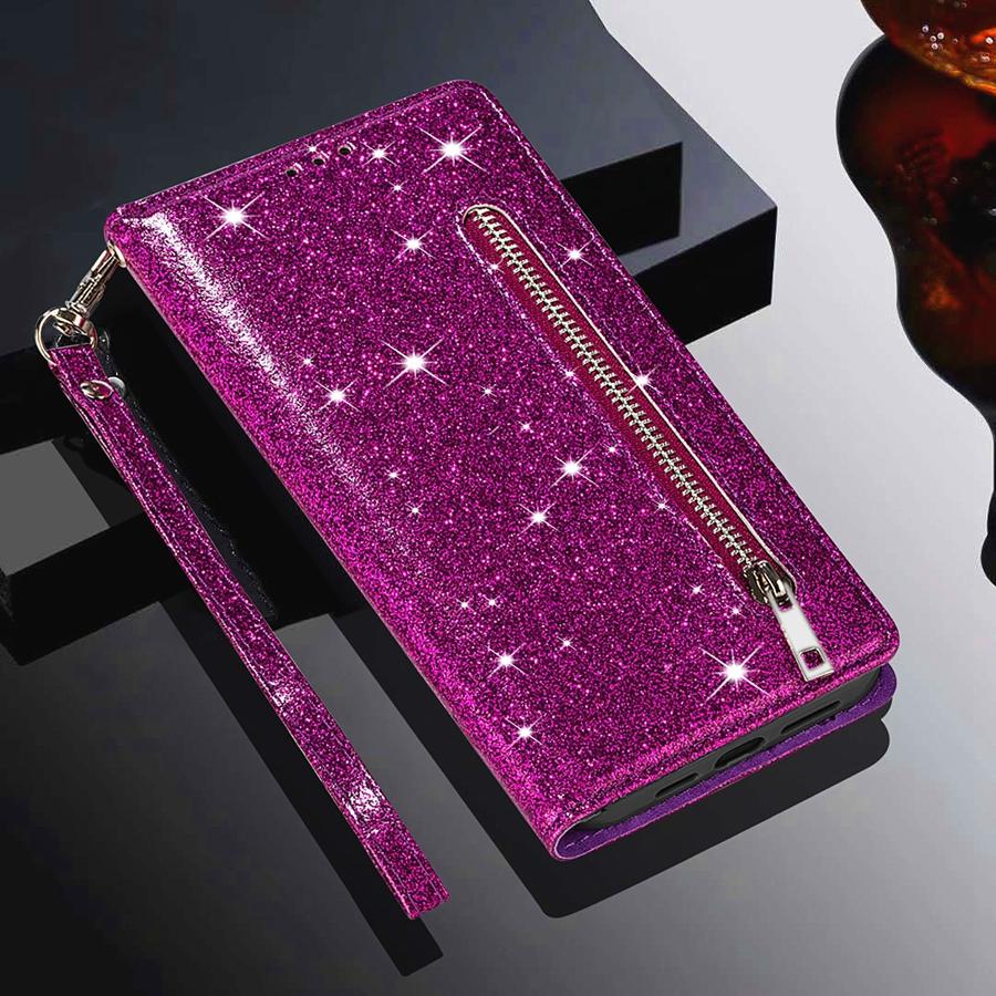 Brieftasche Glitzer mit Kartenfächern Flip Ledertasche für Samsung Galaxy Xiaomi Redmi iPhone Huawei Honor Google One Plus LG Hülle Huawei P30 Pro Violett