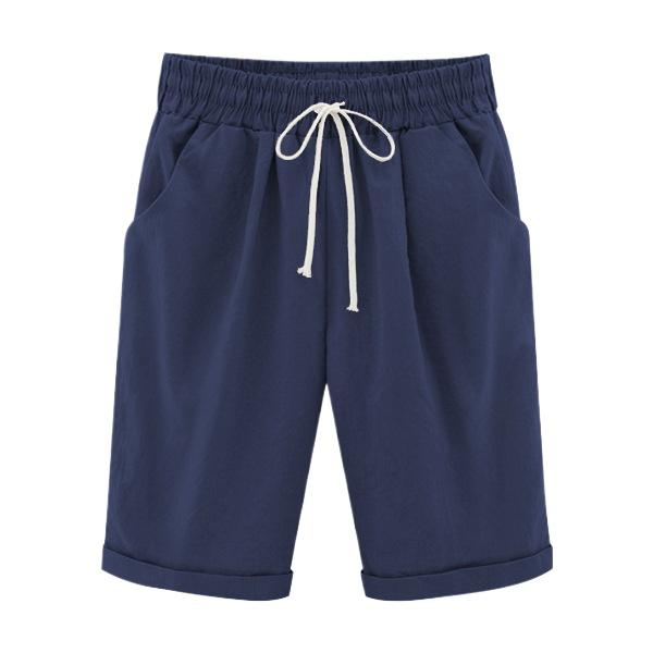 Neue einfarbige lockere lässige elastische Taille Baumwoll-Leinen-Capri-Hosen für Damen Slim Fit Kordelzug Capri-Hosen Taschen Hosen KTB XL dunkelblaue