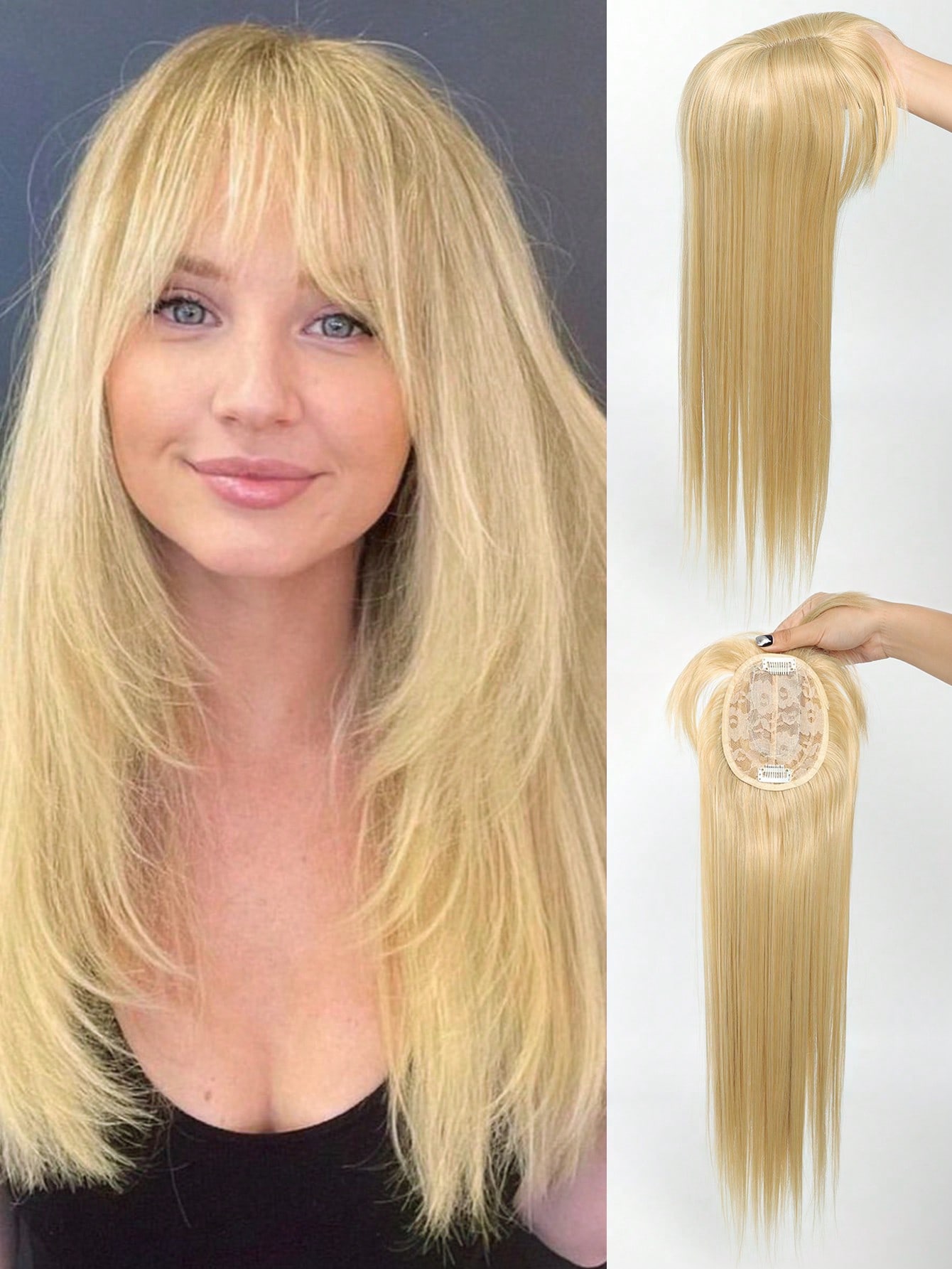 Synthetisches langes, glattes Topper-Haarteil mit Pony, Kopf über Kopf, natürliches Ersatzhaar, hitzebeständig für Frauen, gefälschtes Haarteil 20inch