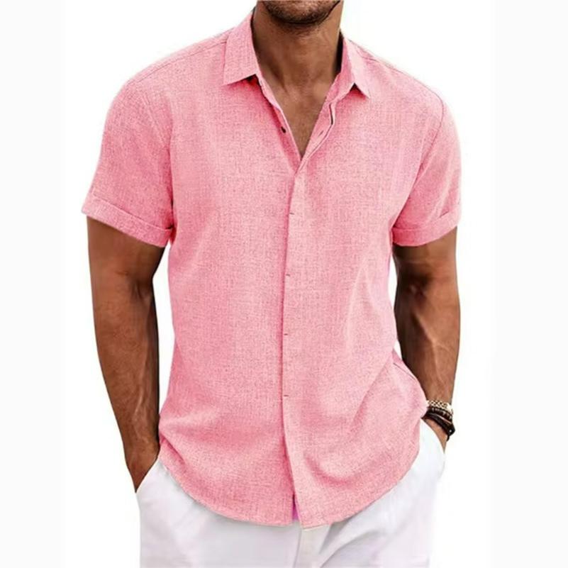 Herren Leinen Kurzarm T-Shirt Locker Unterhemd Einfarbig Kurzärmlig Baumwolle und Leinen Hemd Herren Strand Übergröße Herren Kurzarmhemd L rosa