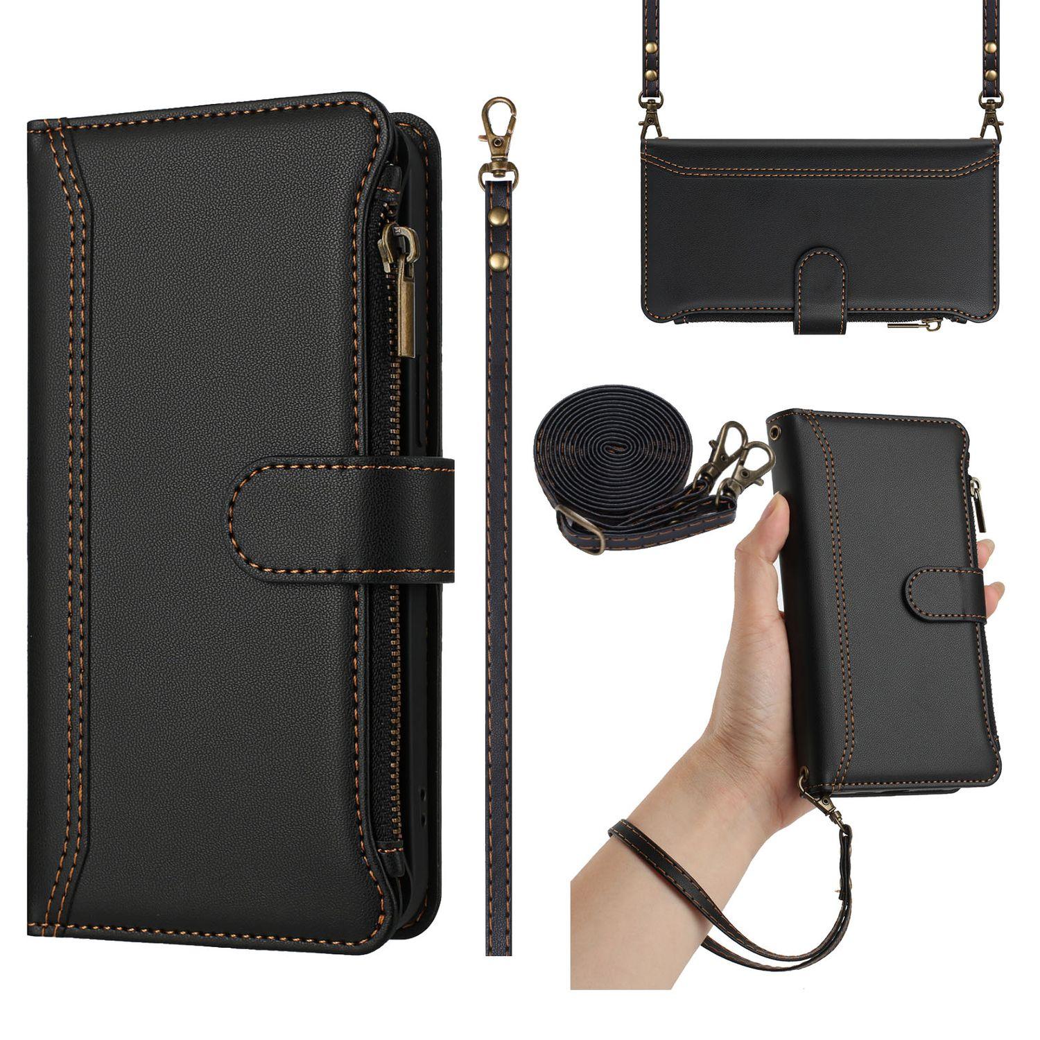 Leder Wallet Klapphülle für Samsung Galaxy S26 S25 S24 S23 S22 S21 S20 Ultra Plus FE Edge S10 S9 S8 S7 Edge Crossbody-Gurt und Handgelenkschlaufe Samsung Galaxy S20 schwarz