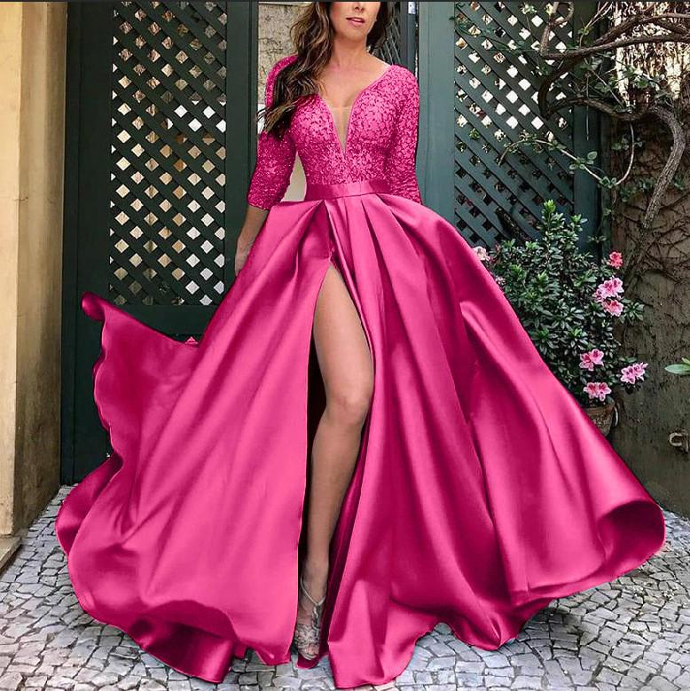 Elegantes Europäisch-Amerikanisches Spitzen- und Pailletten-Abendkleid mit Schleppe, Frühjahr/Sommer 2026 L rose rot