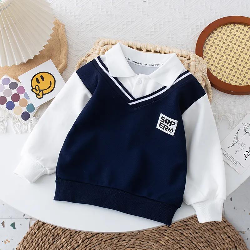 Frühlings- und Herbstpullover für Jungen, Poloshirts für Kinder, gefälschte zweiteilige Babykleidung 140 dunkelblaue