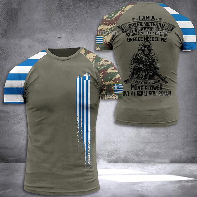 HellasT-shirt für Herren, geometrische Linie, Griechenland-Flagge, nationales Emblem, bedrucktes Herren-T-Shirt, großes, lässiges Herren-T-Shirt für die Straße L khaki