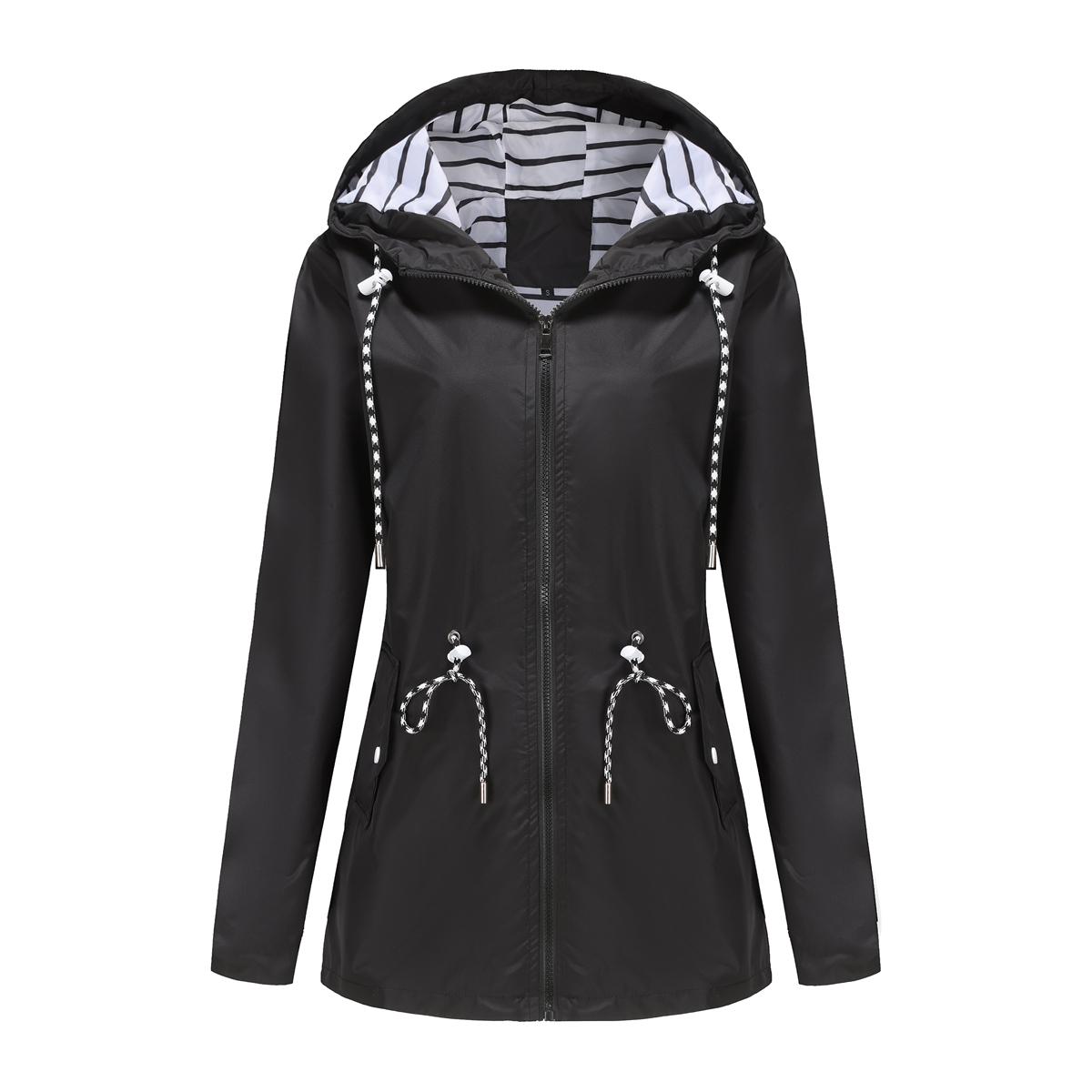 Damen-Windjacke mit Kapuze, Streifen-Kordelzug, wasserabweisende Windjacke, lange Ärmel, übergroßer, lockerer Regenmantel, mittellanger Reißverschluss, winddichte Jacken XL schwarz