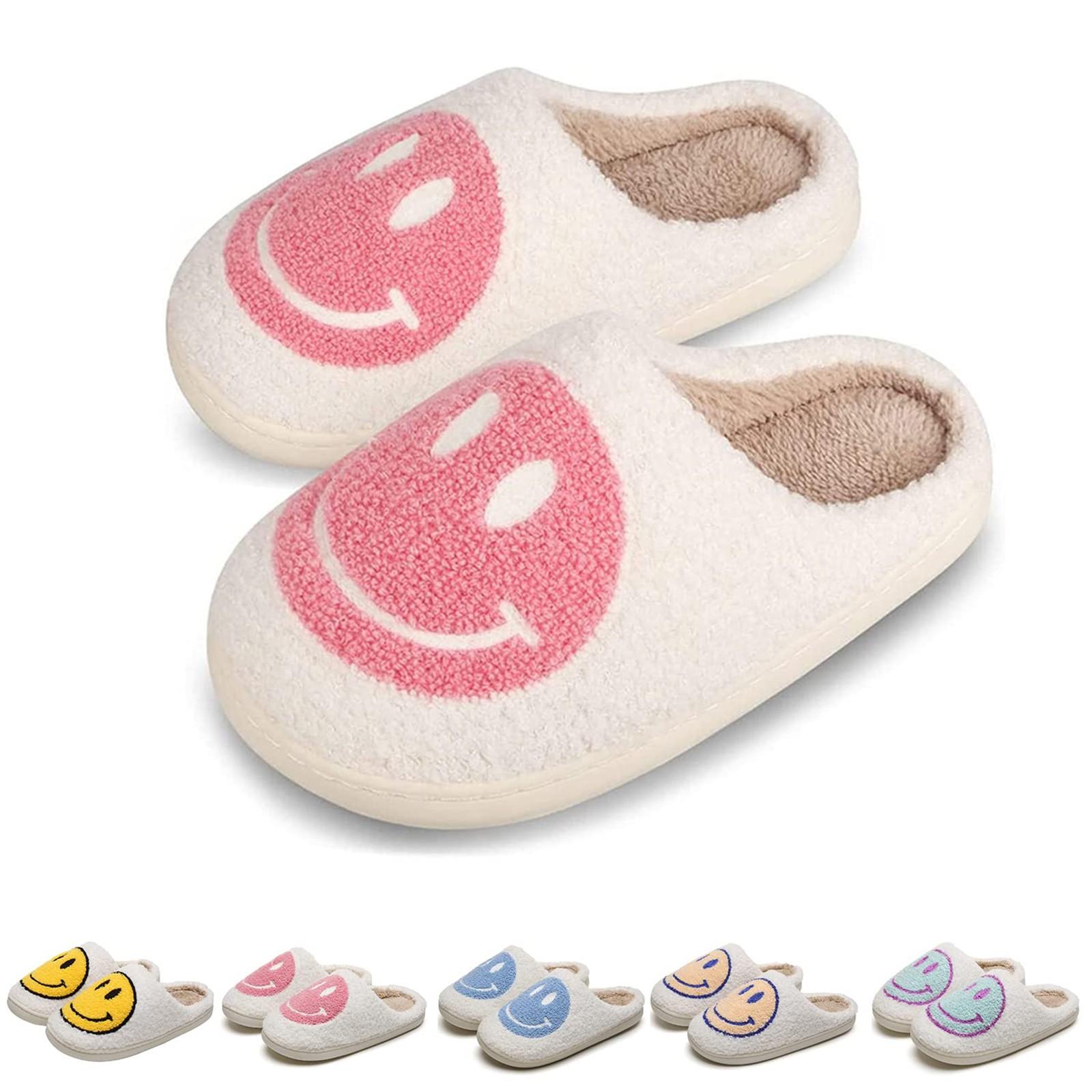 Gesichts-Hausschuhe für Kinder, Happy Face Hausschuhe, weicher Plüsch, warme Hausschuhe, rutschfeste Winter-Hausschuhe für Jungen und Mädchen 38 rosa