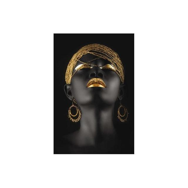 Afrikanische schwarze Frauenporträt-Leinwandmalerei mit Goldschmuck, abstrakte Poster und Drucke für Wohnzimmerdekoration, ohne Rahmen 21cm×30cm NoFrame