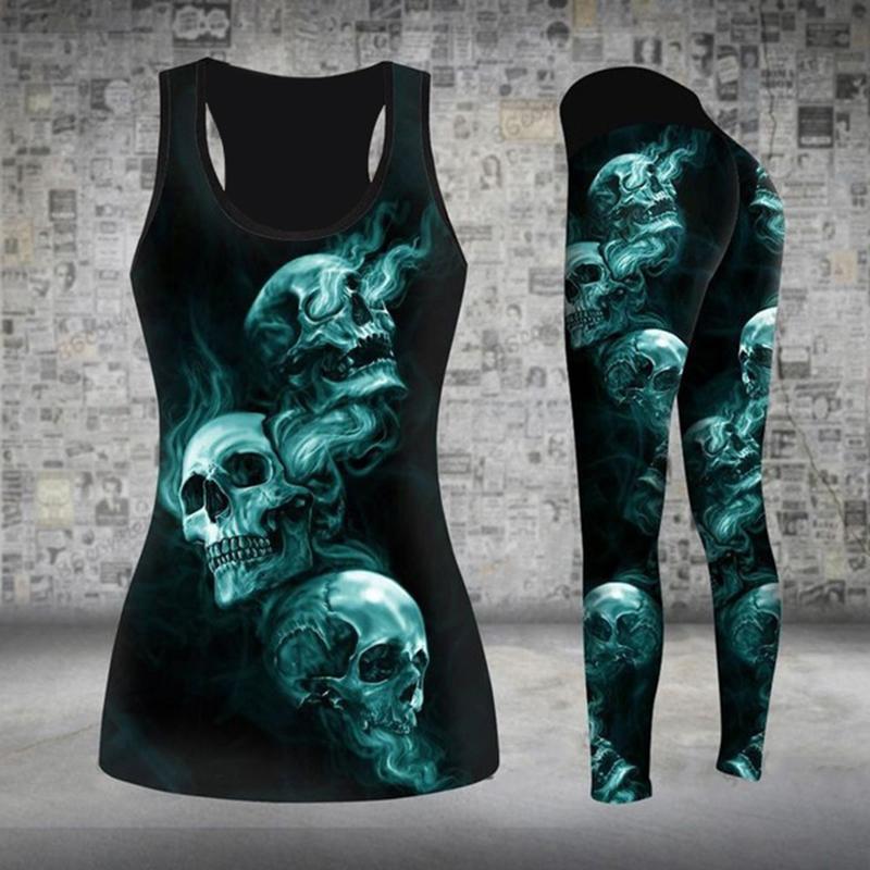 Two Ghosts Print Yoga-Outfit für Damen, modische 3D-gedruckte Workout-Leggings, Fitness, Sport, hohe Taille, lässige Yoga-Hose für Damen L hellblaue