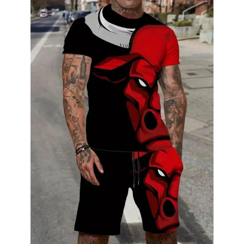 Sommer Herren Casual Soprts Kurzarm & Shorts Set Cooles Der König der Löwen 3D-Druck T-Shirt und Kordelzug Shorts Set Herren Set 2XL gray