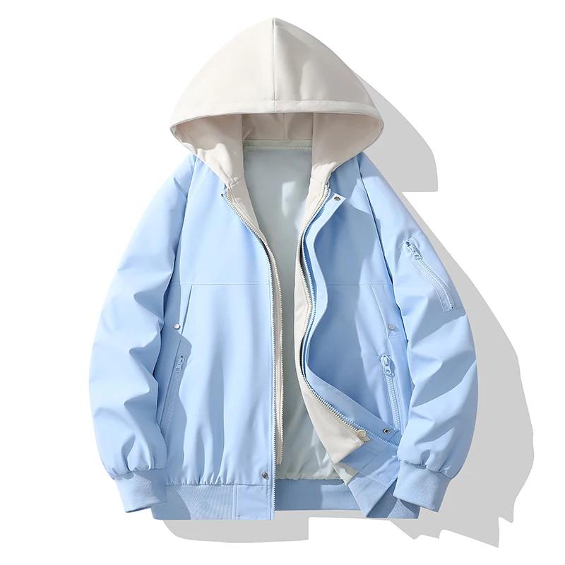 2026 Frühling Herbst Herren Schwarze Kapuzenjacken Herren Freizeit Patchwork Mäntel Mann High Street Hoodies Jacke Unisex Outdoor Jacken L hellblaue