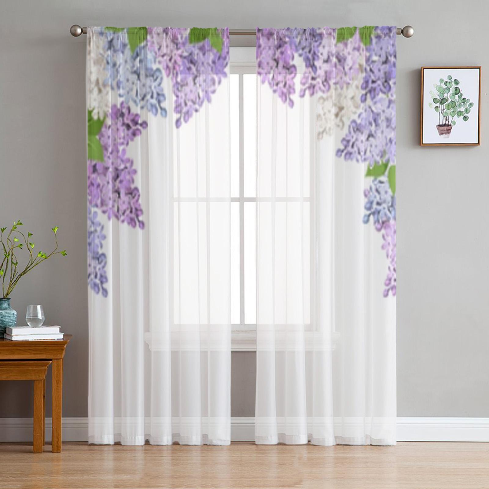 Lila, blau und weiß, lila Blumen, transparente Vorhänge für Wohnzimmer, Fenster, transparenter Voile-Tüll-Vorhang, Schlafzimmer-Vorhänge 135W x 137H(cm)
