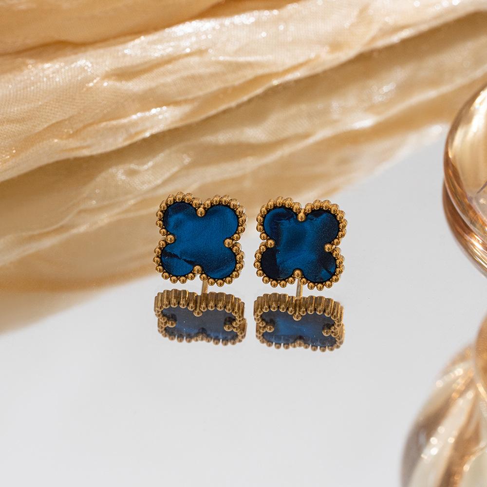 Ohrringe aus Edelstahl, Ohrringe mit vierblättrigem Kleeblatt, minimalistischer Damenschmuck für die Ohren aus 18 Karat Gold 18k real gold dunkelblaue